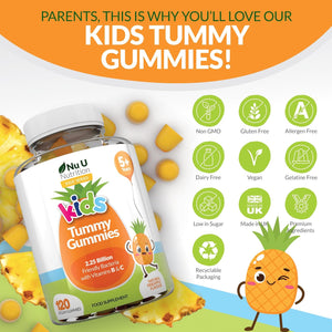 Kids Tummy Gummies - Friendly Probiotics for Children - 120 Vegan Vitamin Gummies - Pineapple Flavour - Lactobacillus and Bifidobacterium & Vitamin B3, B5, B6 & C for Gut Health - Nu U Nutrition