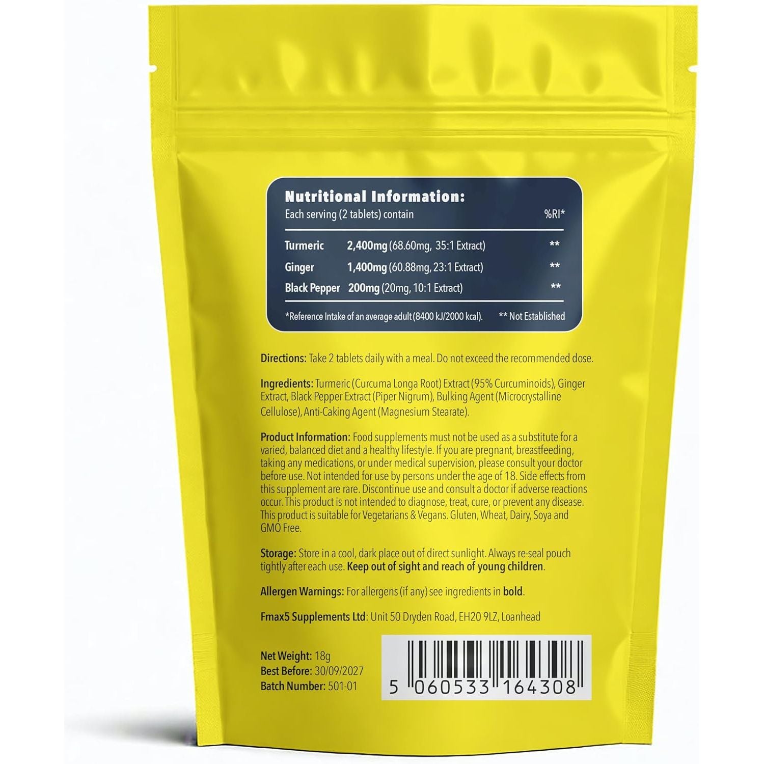 Turmeric Tablets 2400Mg (Per Serving) with Black Pepper & Ginger | 120 High Strength Curcumin Supplements | Vegan and Gluten Free | UK Made