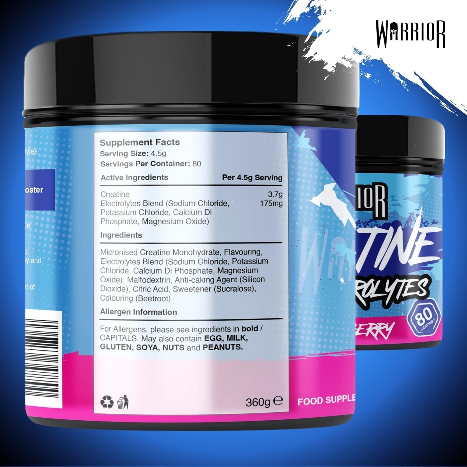 Warrior Creatine Monohydrate plus Electrolytes Powder 360G - Hydration and Performance Drink - Nutrition Shake to Promote Muscle Growth (Not Tablets, Sachet, Gummies) - 80 Servings (Mixed Berry)