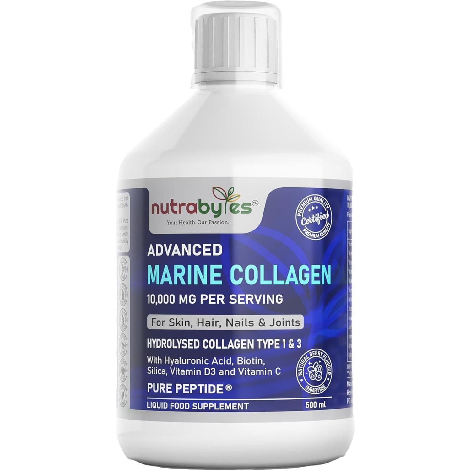 Marine Collagen Liquid 10000Mg | Sugar Free | Hydrolysed Collagen Peptides | Hyaluronic Acid, Biotin, Silica, Vitamin C, Vitamin D3 | Skin, Hair, Nails | Liquid Collagen Supplement for Women & Men