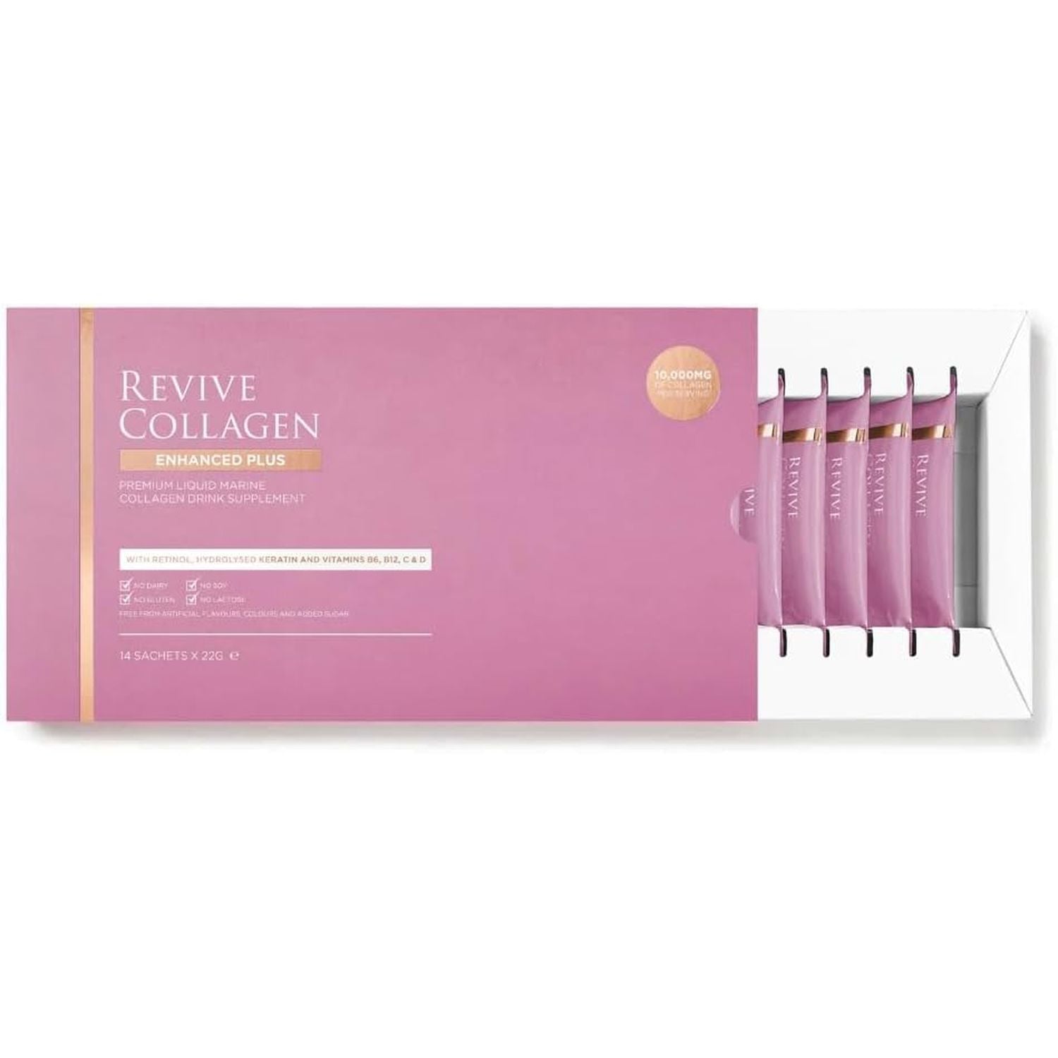 Revive Collagen Enhanced plus 10,000Mg Hydrolysed Marine Collagen Drink with Added Vitamin a & C for Healthy Skin, Hair, Nails & Joints | Tropical | 14 X Sachets