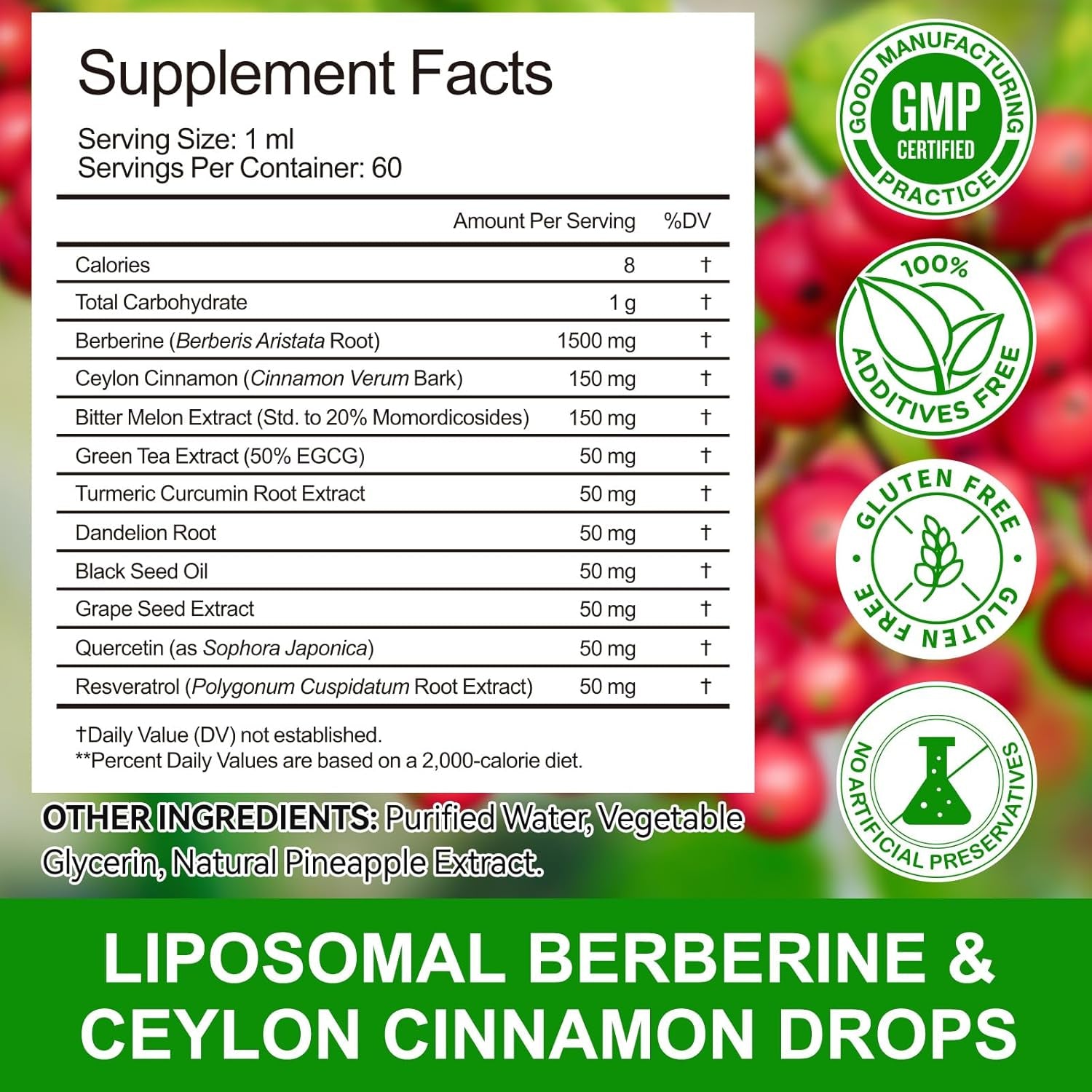 Berberine Supplement with Ceylon Cinnamon, Berberine Liquid Drops with Turmeric Curcumin, Ceylon Cinnamon, Bitter Melon, Digestive Health Support, Immune Support, 60Ml