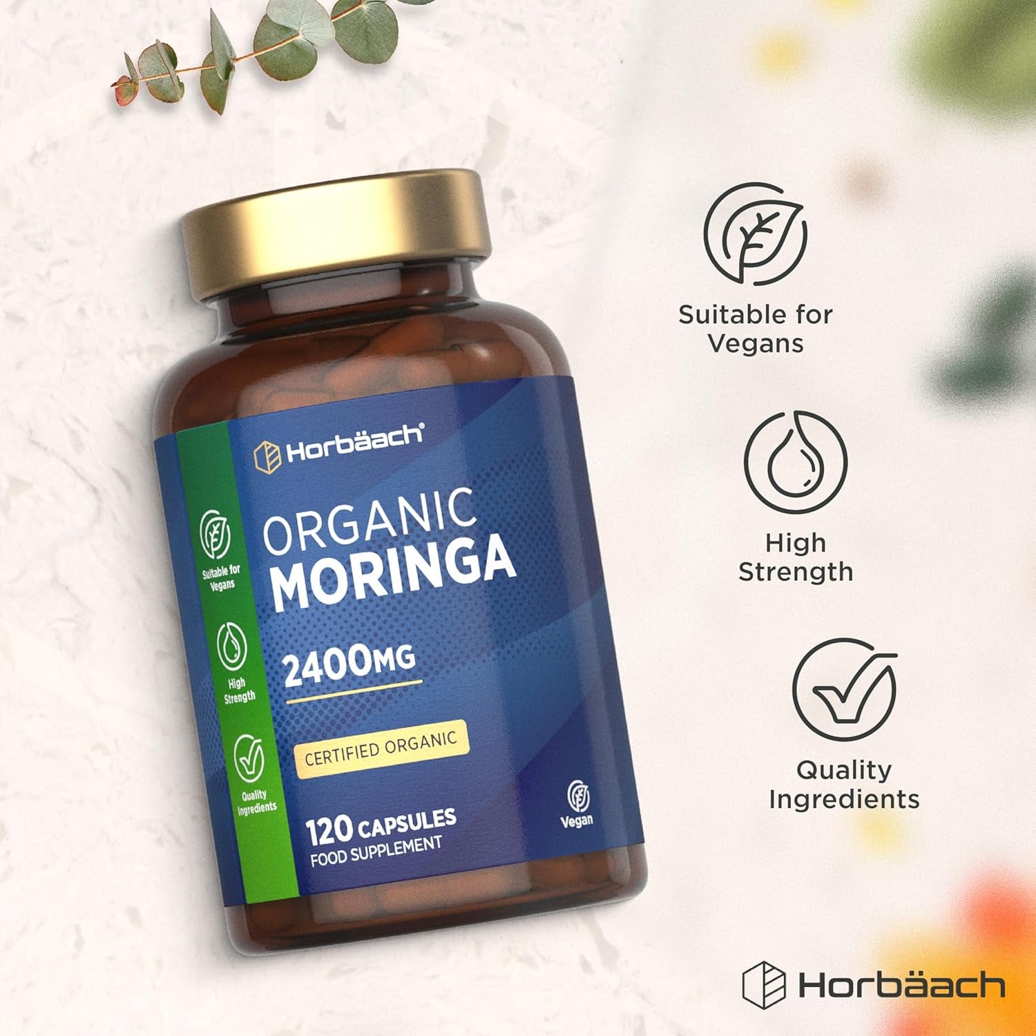 Organic Moringa Capsules 2400Mg | High Strength Moringa Oleifera Leaves | 120 Vegan Powder Capsules | Horbaach