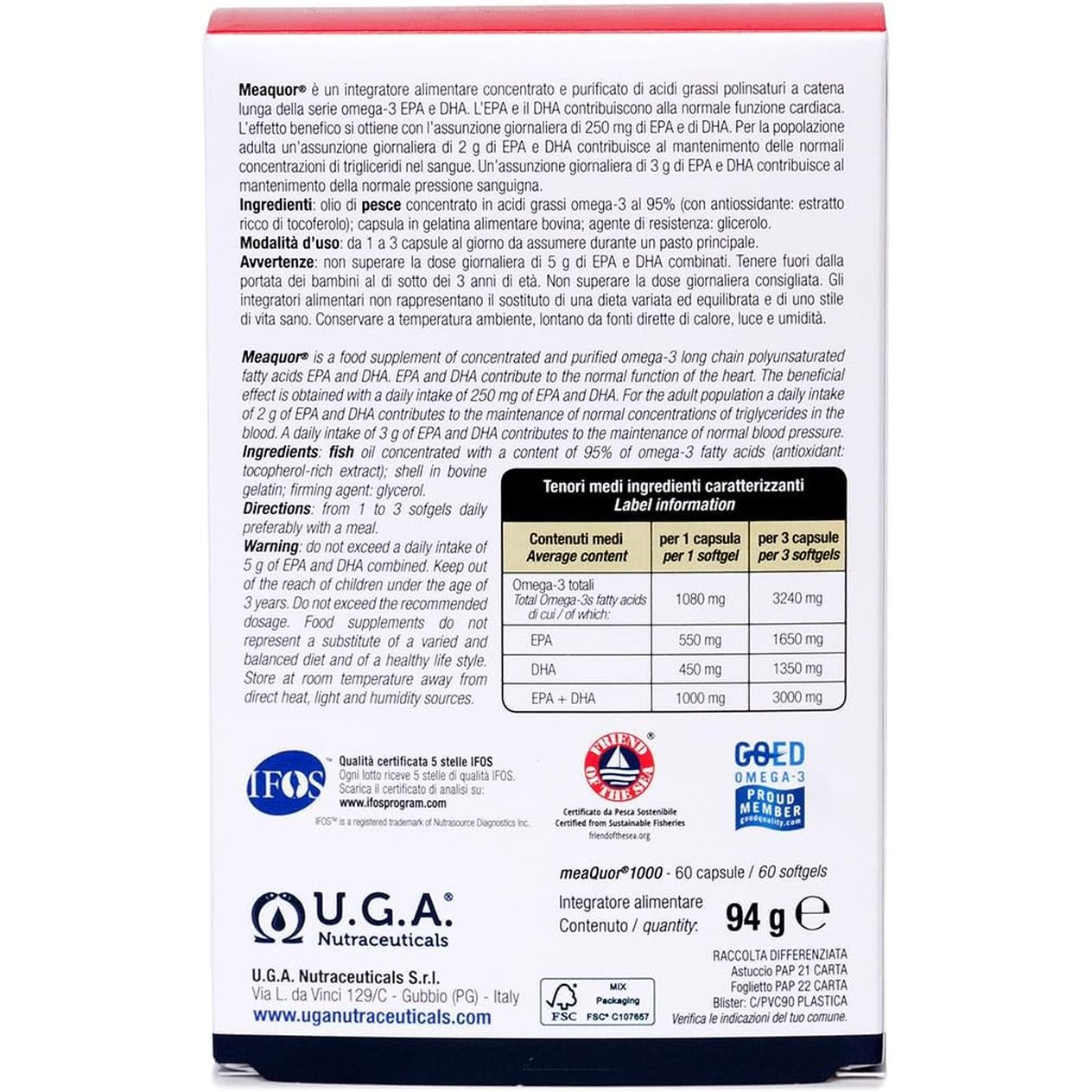 Meaquor 1000 Omega 3 Fish Oil Capsules IFOS Certified - Omega3 1000Mg Supplement with EPA and DHA - No Aftertaste (60 Softgel Caps)