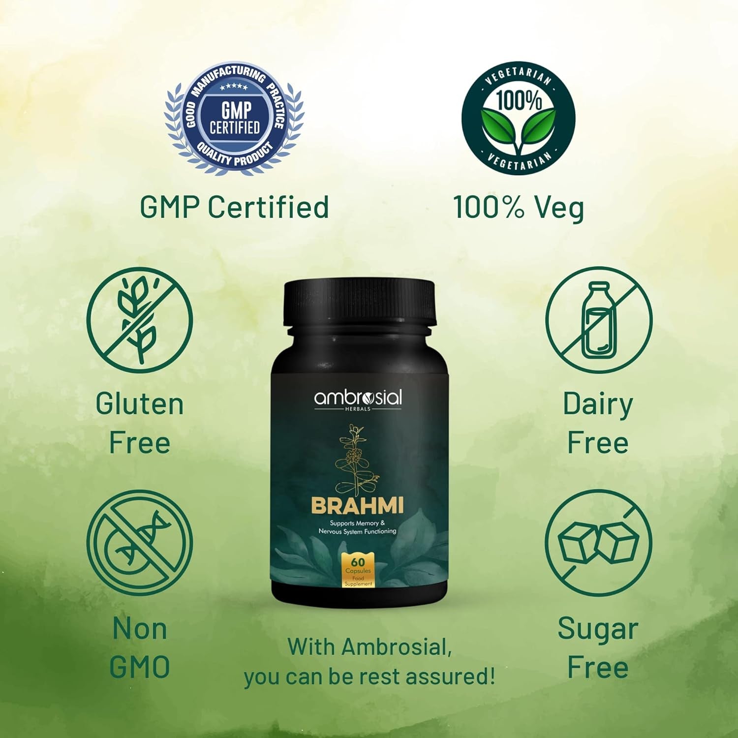 Bacopa Monnieri Brahmi Capsules - 500Mg 60 Tablets | | Bacopa Extract | Non - GMO | Gluten & Allergen Free | Brain Supplement | 100% Natural Ingredients | by Ambrosial