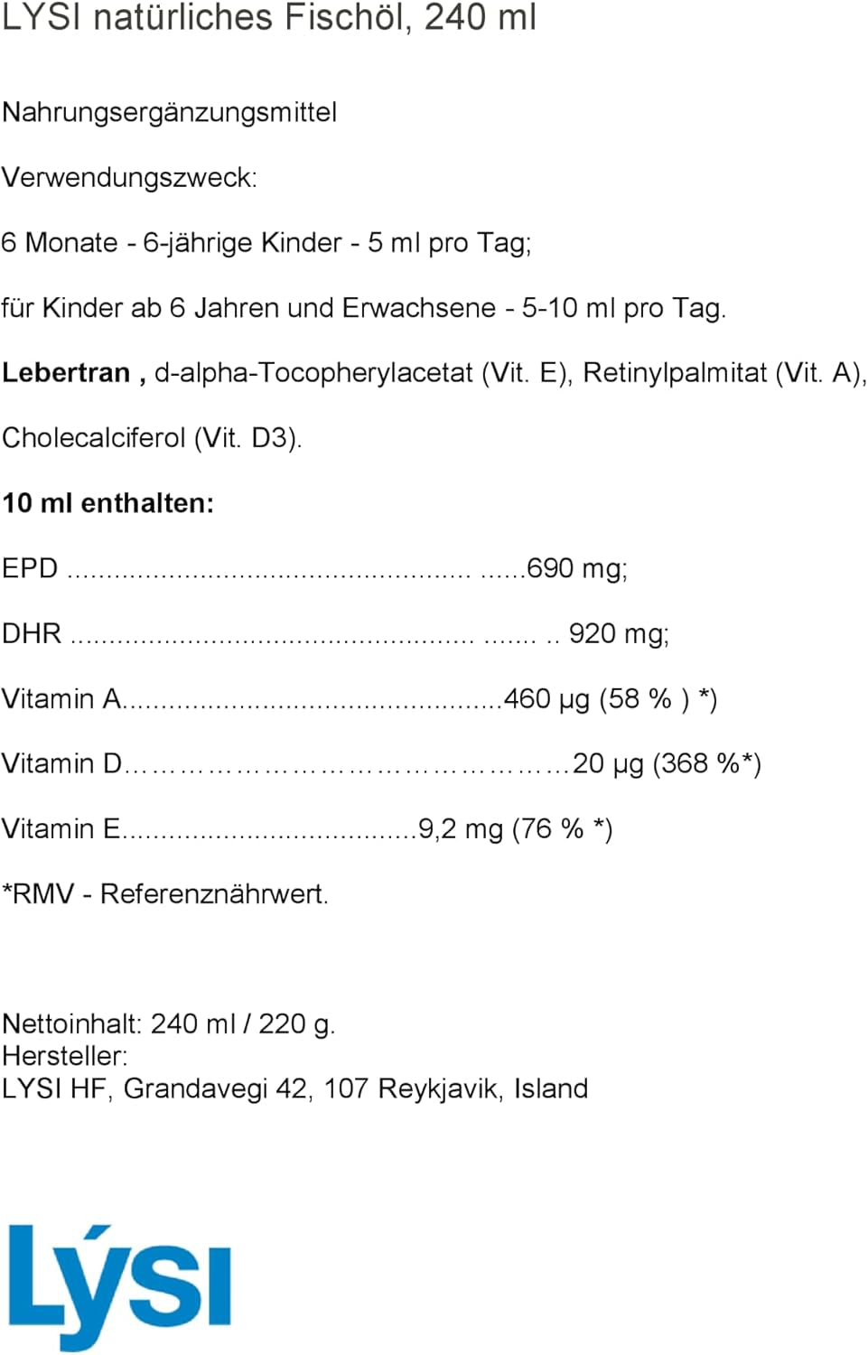 Lysi Icelandic Fish Cod Liver Oil 240 Milligram Liquid Natural Flavour from 6 Months Onwards
