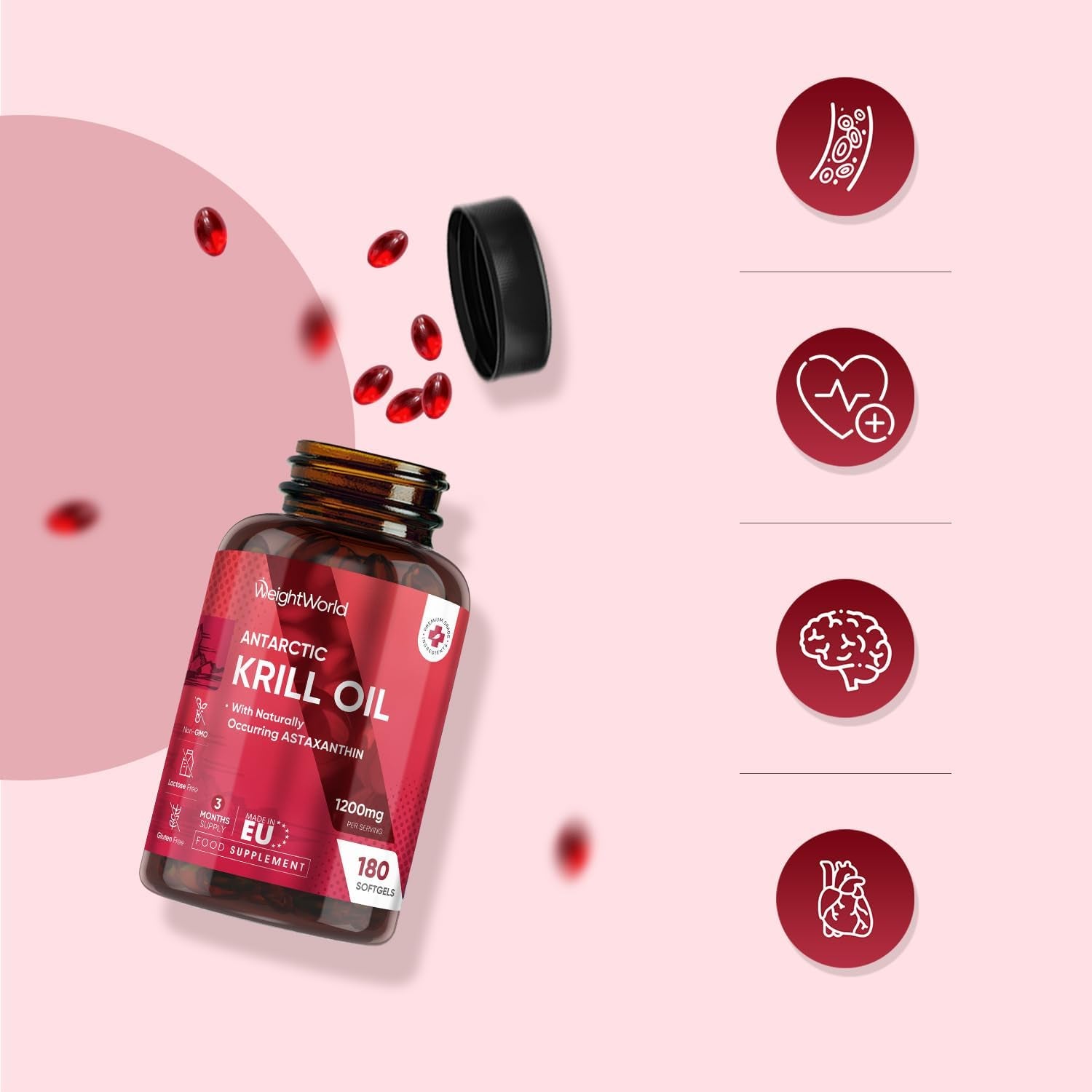 Antarctic Krill Oil Capsules - 1200Mg - 3 Months Supply - 180 Red Krill Oil Softgels - Omega 3 Fatty Acids Supplements - Providing Astaxanthin, Marine Phospholipids, EPA, DHA & Choline