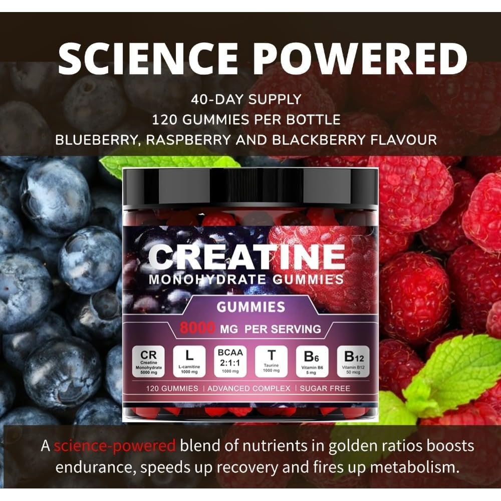 Creatine Monohydrate Gummies, 8000Mg Complex, 120 Count, Sugar-Free with BCAA, L-Carnitine, Taurine and Vitamins, for Muscle Strength and Recovery
