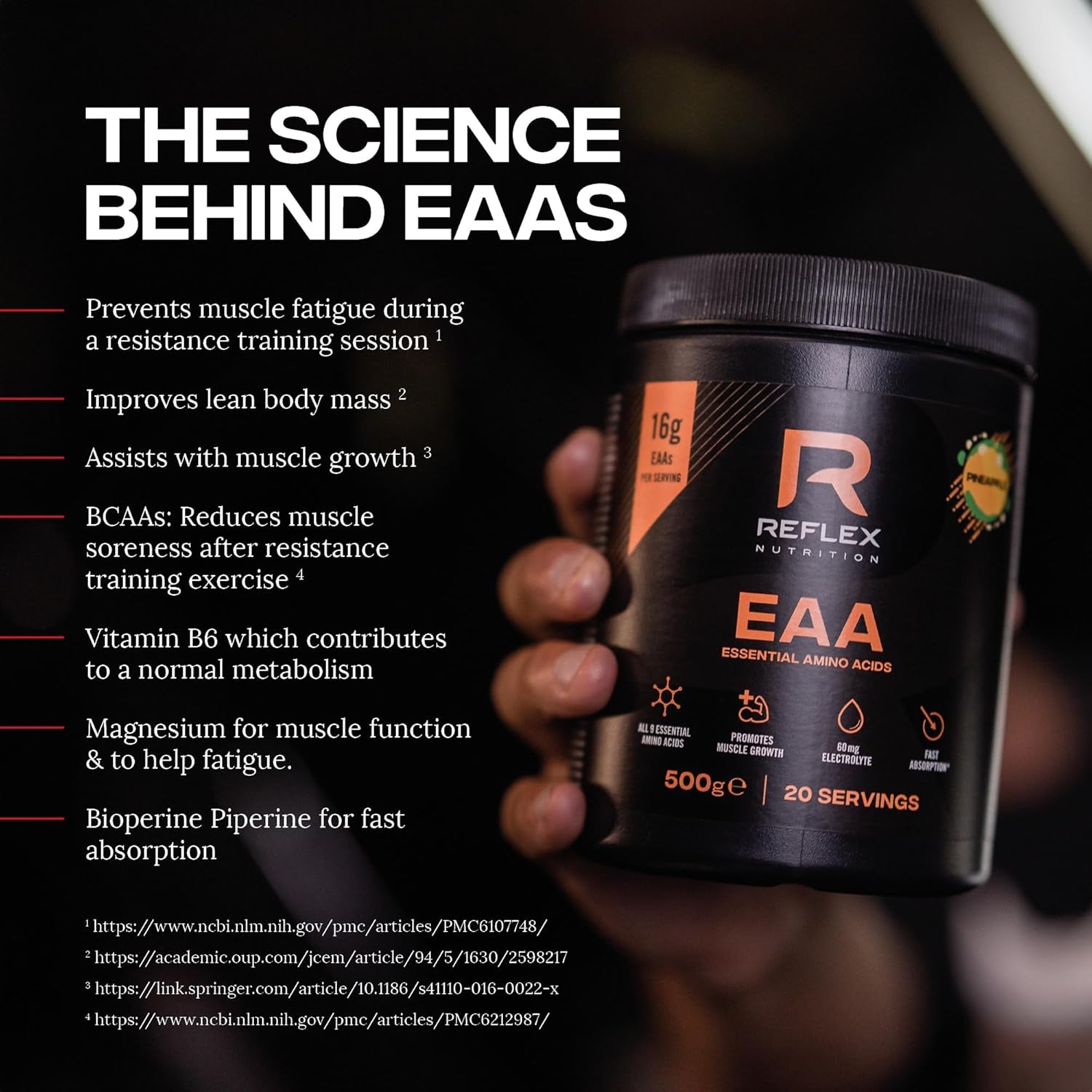 Reflex Nutrition EAA - Complete Essential Amino Acids - 16G Eaas with Bcaas, Vitamin B6, Electrolytes - Full Spectrum Amino Acids Powder for Muscle Growth & Recovery (Mango, 500G, 20 Servings)