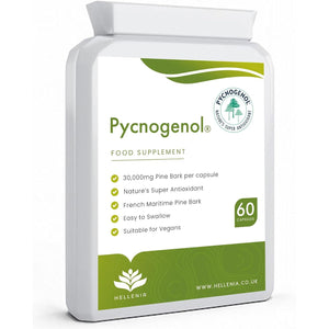 Pycnogenol 30Mg (60 Capsules) | French Maritime Pine Bark Extract | Providing Naturally Powerful Bioflavonoids | High Bioavailability Suitable for Vegans - Made in the UK by Hellenia