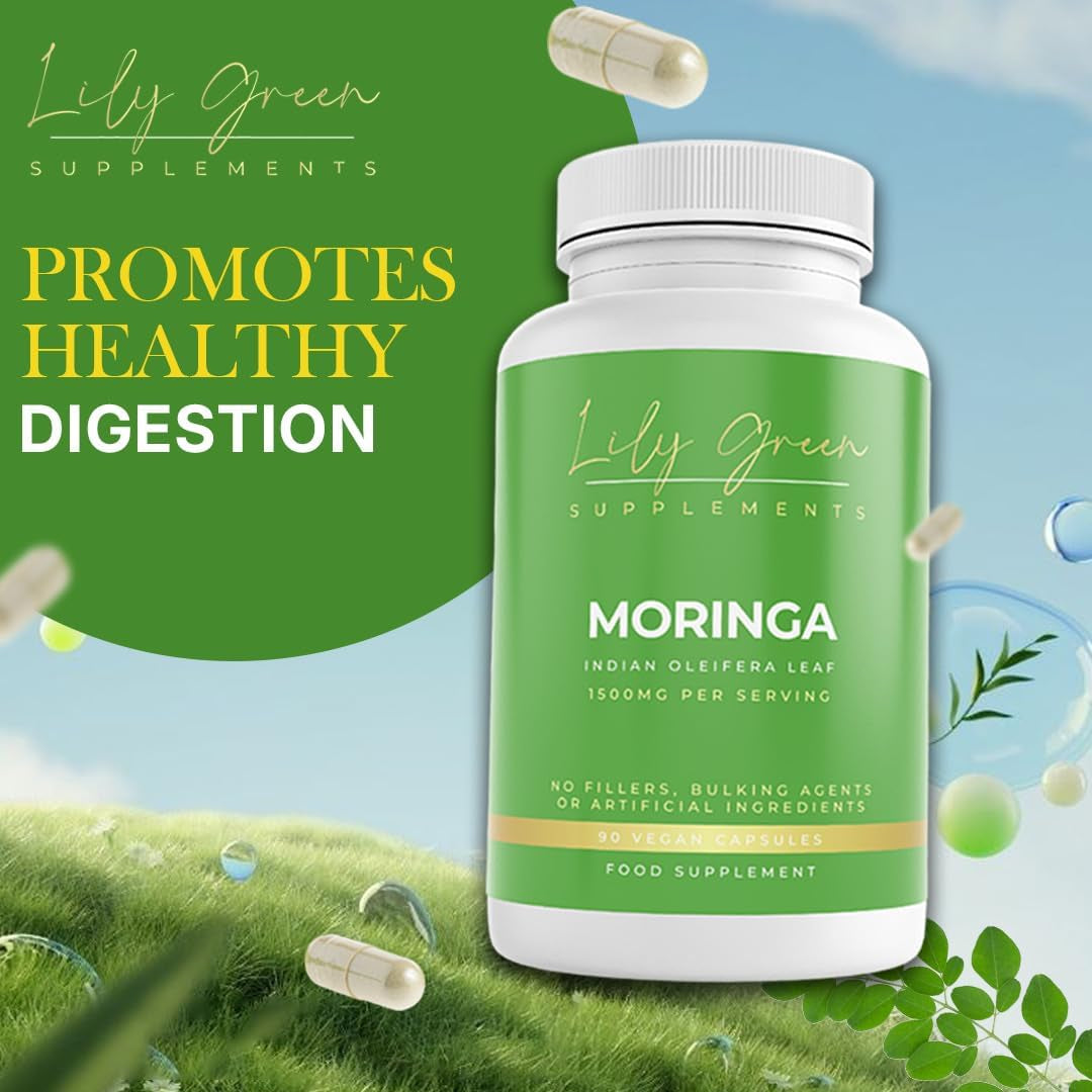 Lily Green Organic Moringa Capsules | 1500Mg per Serving Amino Acid Supplements | Rich in Vitamins, Calcium, Iron, Potassium & Antioxidants | No Artificial Additives | 90 Vegan Capsules | Made in UK