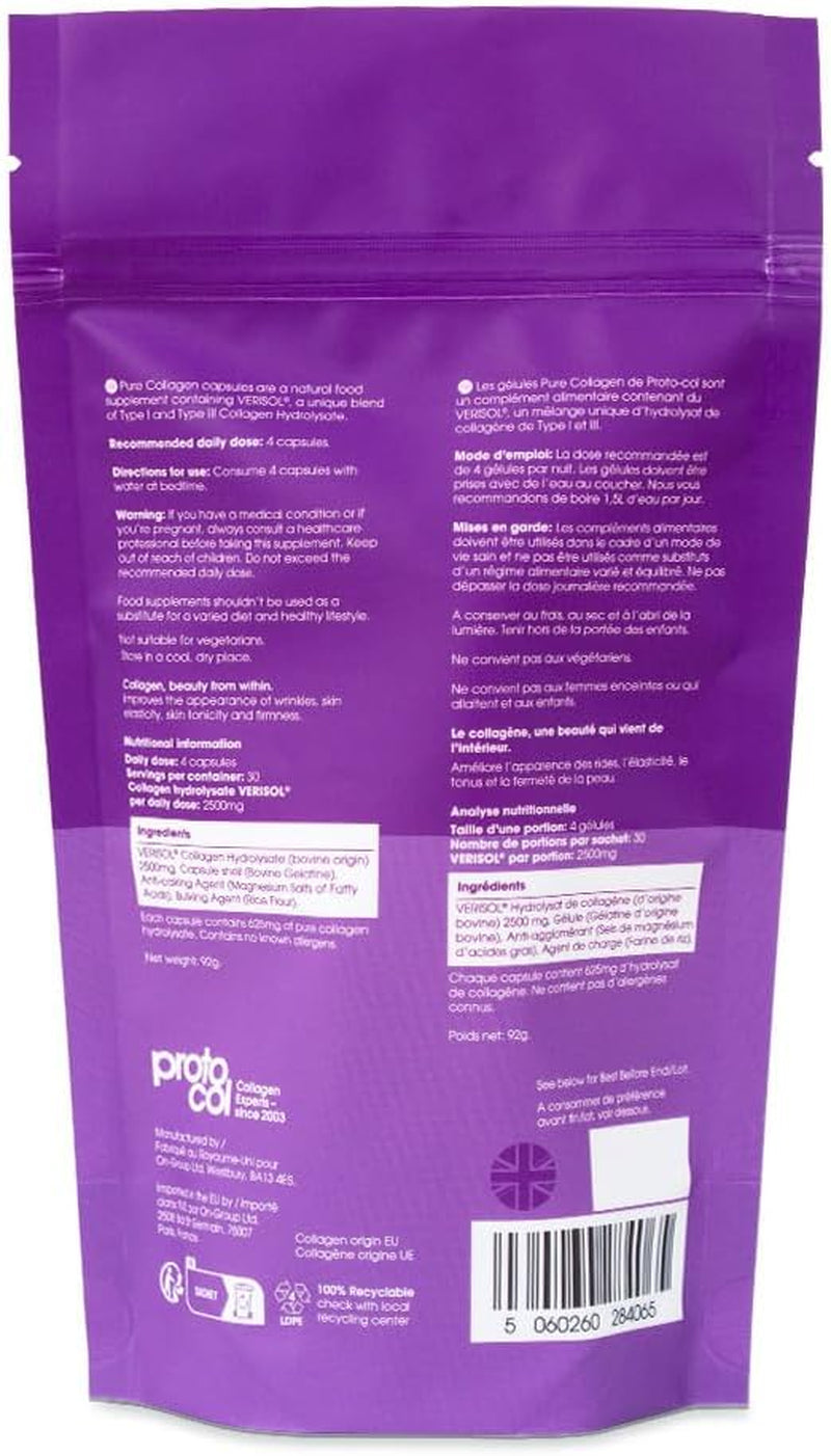 Proto-Col Pure Collagen Supplement - Clinically Proven Premium Verisol Bioactive Collagen, to Reduce Wrinkles, and Support Hair, Skin and Joint Health. (120 Capsules X 2500Mg).