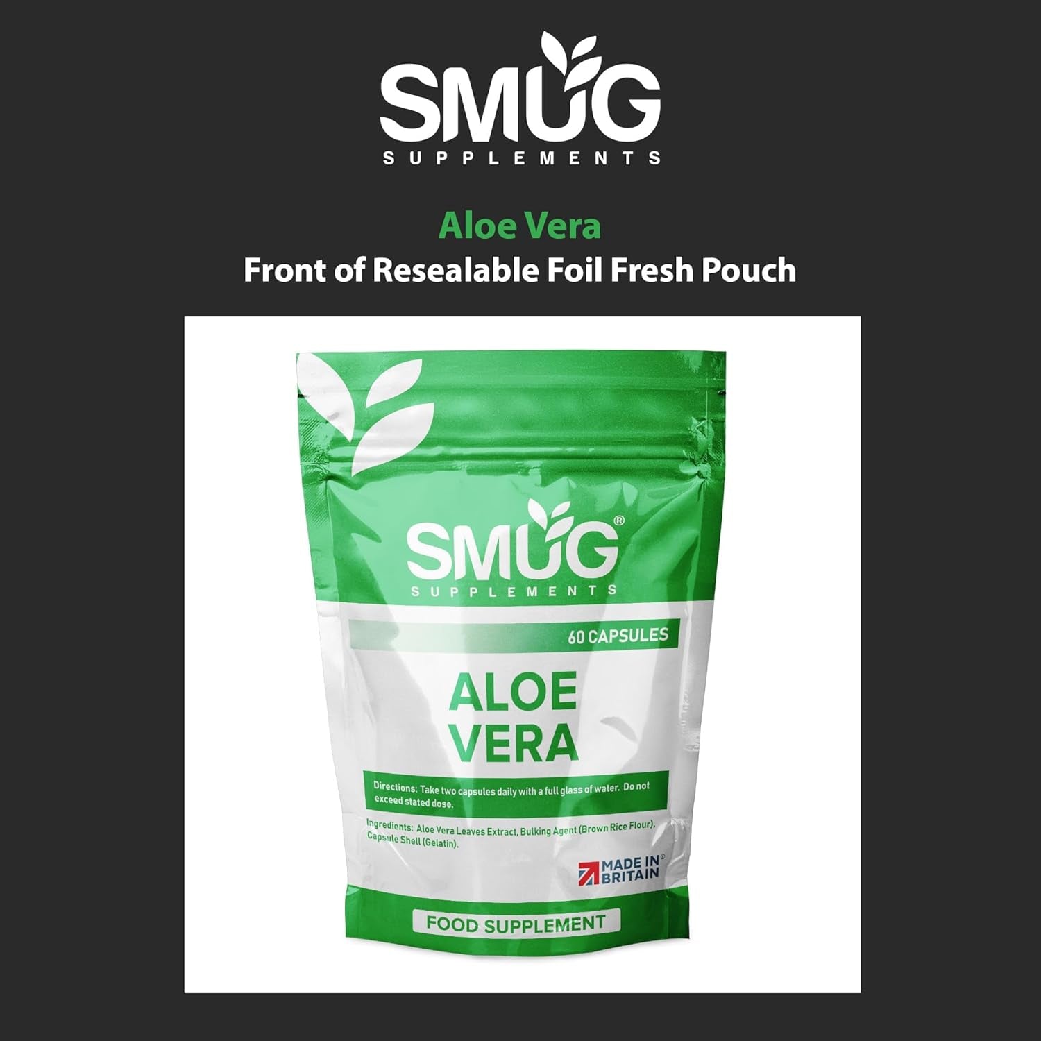 SMUG Supplements Aloe Vera - 60 Capsules - High Strength Natural Herb to Support Colon Cleanse and Detox - Two-A-Day - Equivalent to 12000Mg Leaf Juice - Made in Britain