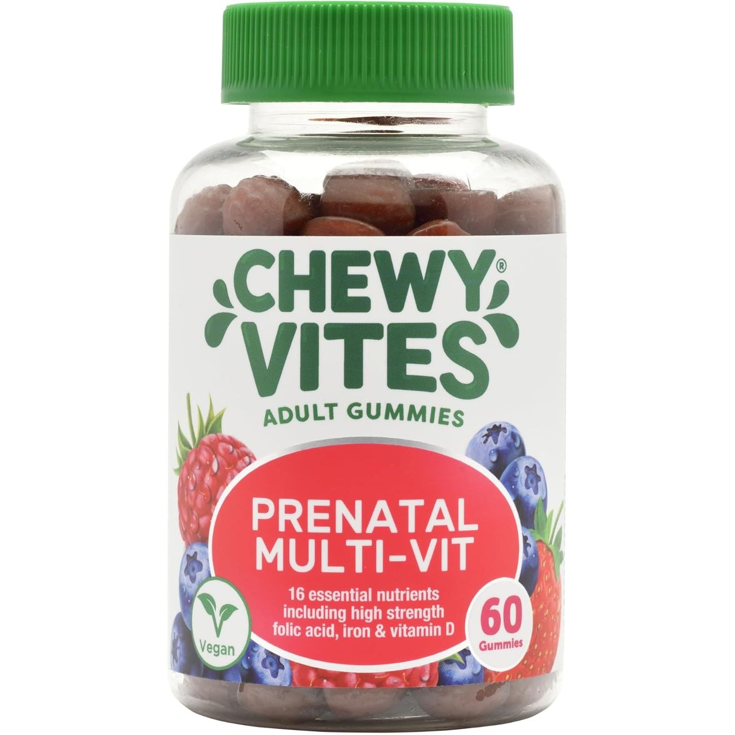 Chewy Vites Women'S Prenatal Multivitamin, 60 Multivitamin Gummies, 16 Essential Nutrients with Folic Acid, Iron and Vitamin D, 1 Month Supply, Vegan, Blueberry and Raspberry Flavour