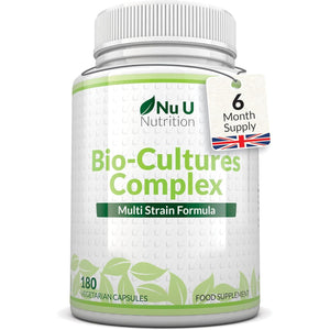 Bio-Cultures Complex - 180 High Strength Capsules - Lactobacillus Acidophilus, Rhamnosus & Bifidobacterium - 6 Month Supply - Gentle Vegetarian Multi-Strain Formula for Men & Women - Nu U Nutrition