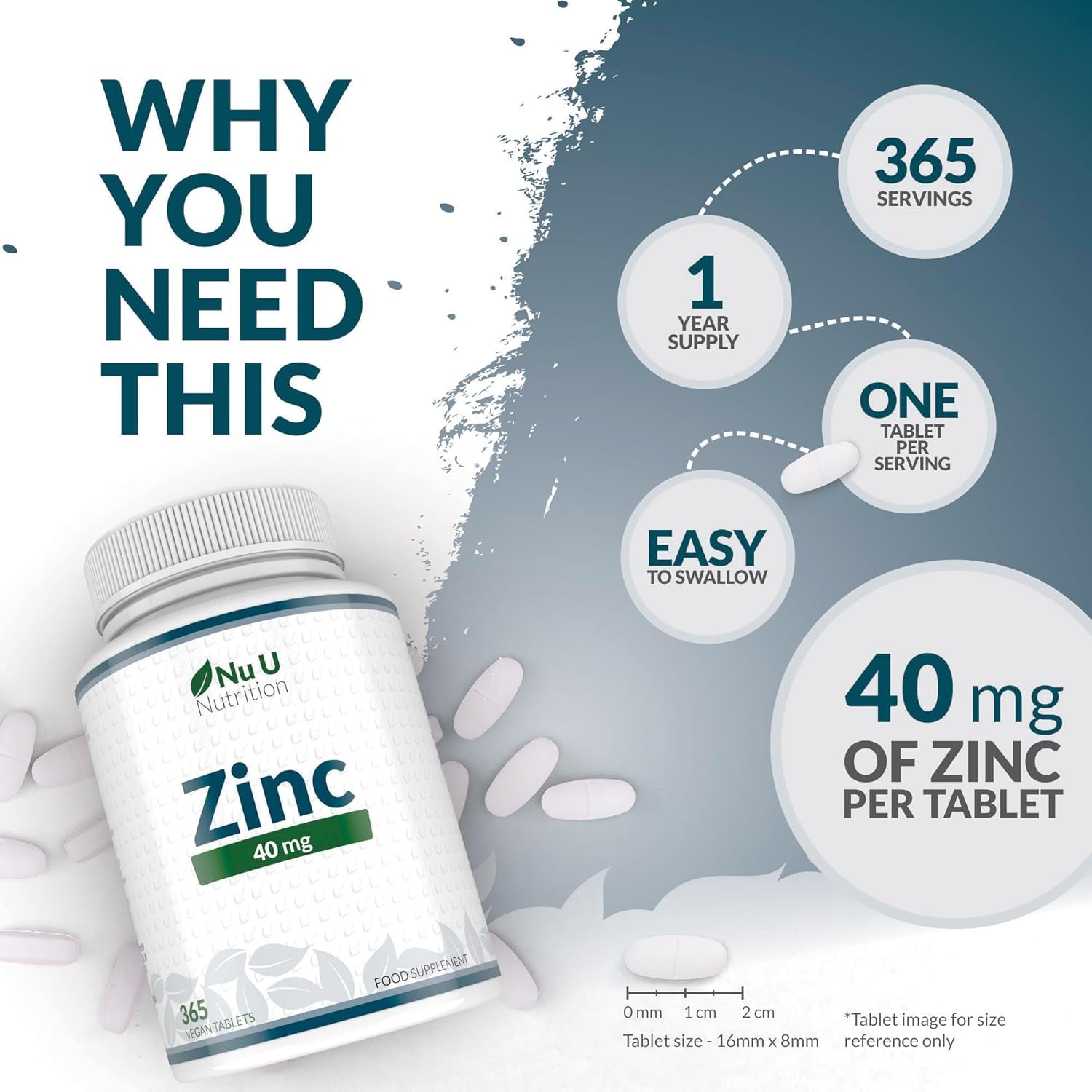 Zinc Tablets 40Mg - 365 Vegan Tablets - 1 Year Supply - 1 a Day - Easy to Swallow Zink Gluconate - Supplement for Men & Women - Made in the UK - Nu U Nutrition