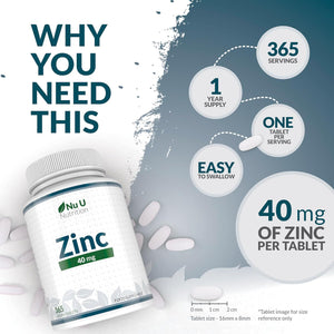 Zinc Tablets 40Mg - 365 Vegan Tablets - 1 Year Supply - 1 a Day - Easy to Swallow Zink Gluconate - Supplement for Men & Women - Made in the UK - Nu U Nutrition