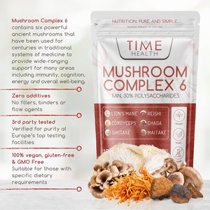 Mushroom Complex 6 | 120 Capsules | MAXIMUM STRENGTH | Chaga, Cordyceps, Shiitake, Reishi, Lions Mane, Maitake | Zero Additives | 100% Vegan | UK Made | the Original Mushroom Complex Formula in the UK
