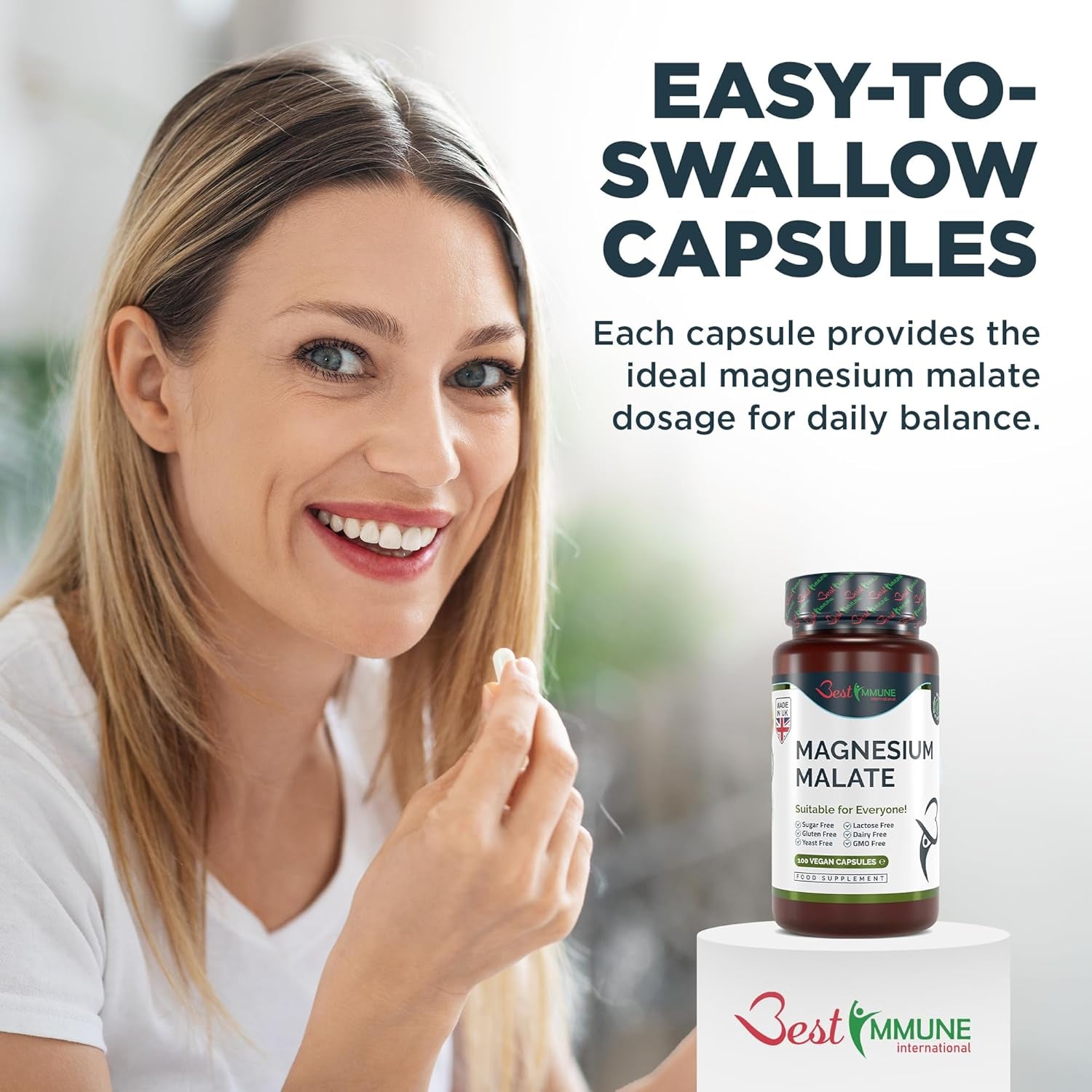 Best Immune, Magnesium Malate 500Mg – High Strength Supplement for Absorption and Energy Support – 100 Vegan Capsules