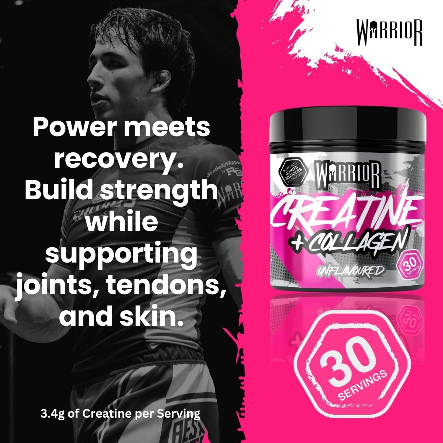Warrior Creatine Monohydrate + Collagen Powder 270G - Pure Hydrolysed Peptides (Bovine) - Supports Muscle Recovery - Workout Supplement for Women and Men (Not Tablet) - 30 Servings (Unflavoured)