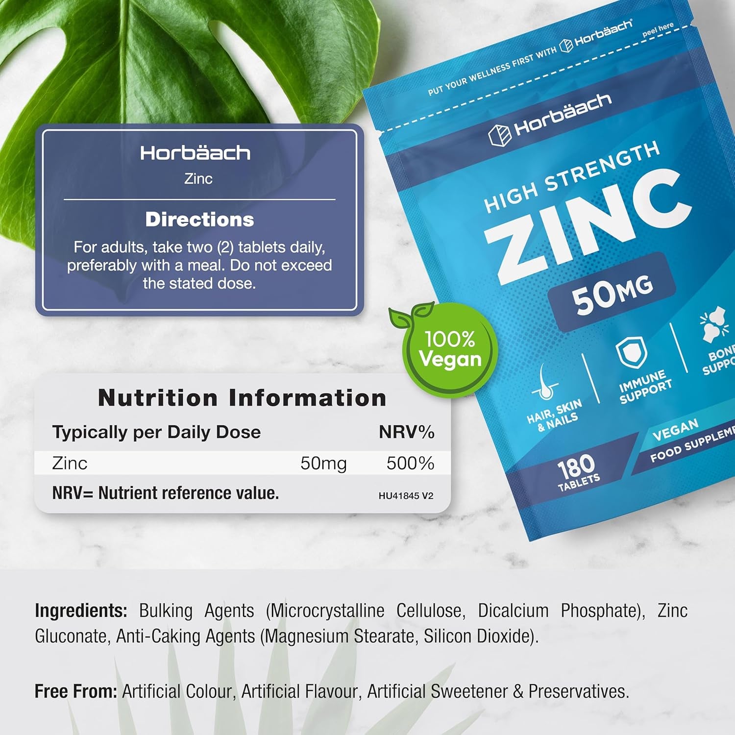 Zinc Supplement 50Mg | High Strength Zinc Tablets - 500% NRV | 180 Vegan Tablets | Immune Support Supplement | by Horbaach