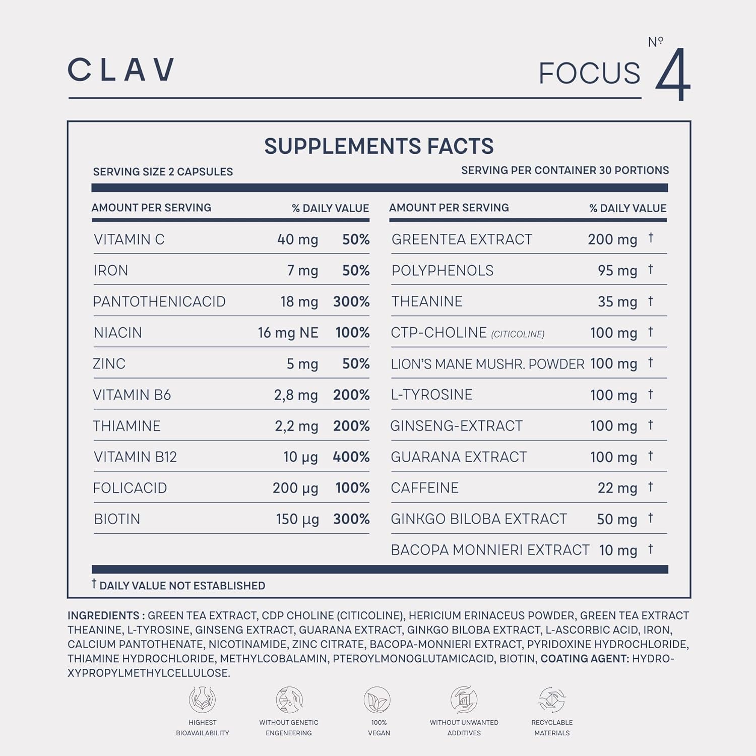 N°4 Focus - Nootropics Brain Supplement - with Lions Mane, Ginseng and Ginkgo Biloba, Bacopa Monnieri, CDP Choline, Vitamin B Complex - Cognitive Enhancer for Concentration & Memory - 60 Capsules
