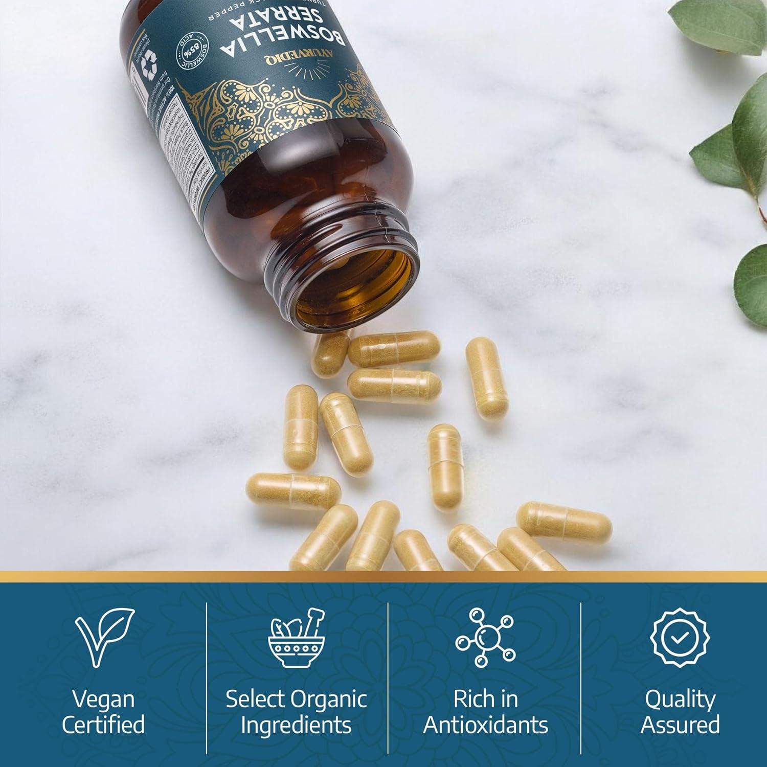 Ayurvediq Boswellia Serrata and Turmeric with Black Pepper Piperine Capsules – 60 Vegan Organic Turmeric Curcumin Capsules a Natural anti Inflammatory Supplement Joint Support - Ayurvedic Products