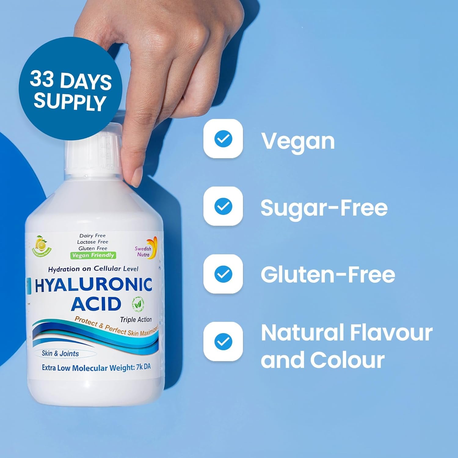 Swedish Nutra - Hyaluronic Acid Liquid Supplement - Pack of 500 Ml, 33 Day Supply | plus Vitamin C & Silica for Skin & Joint Hydration | Vegan & Free from Sugar & Gluten | 100% Natural Lemon Flavour