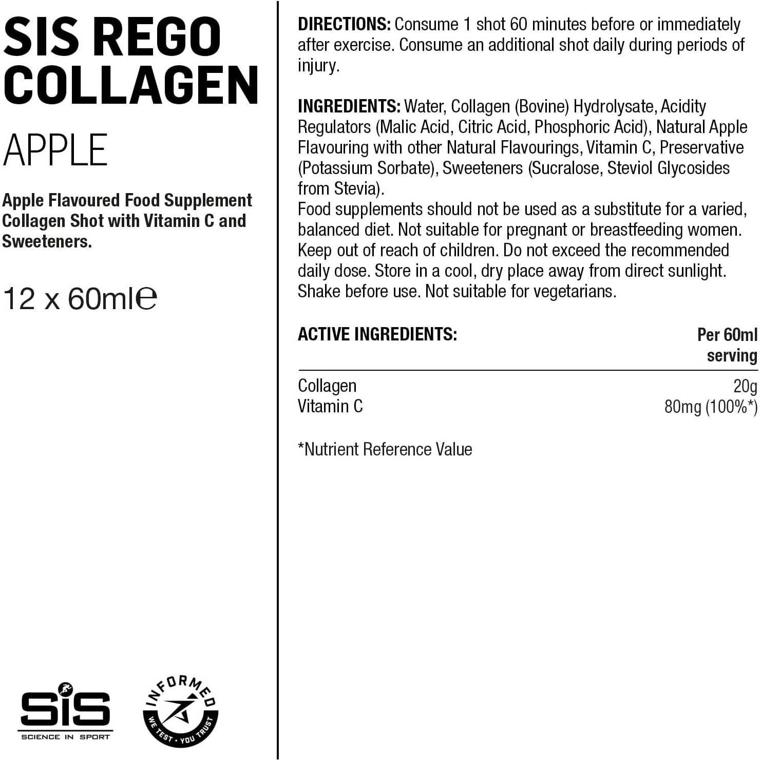 Science in Sport REGO Collagen Shot – Apple Flavour | 20G Bovine Collagen | Supports Bones, Joints & Muscle Recovery | 12 X 60Ml Shots