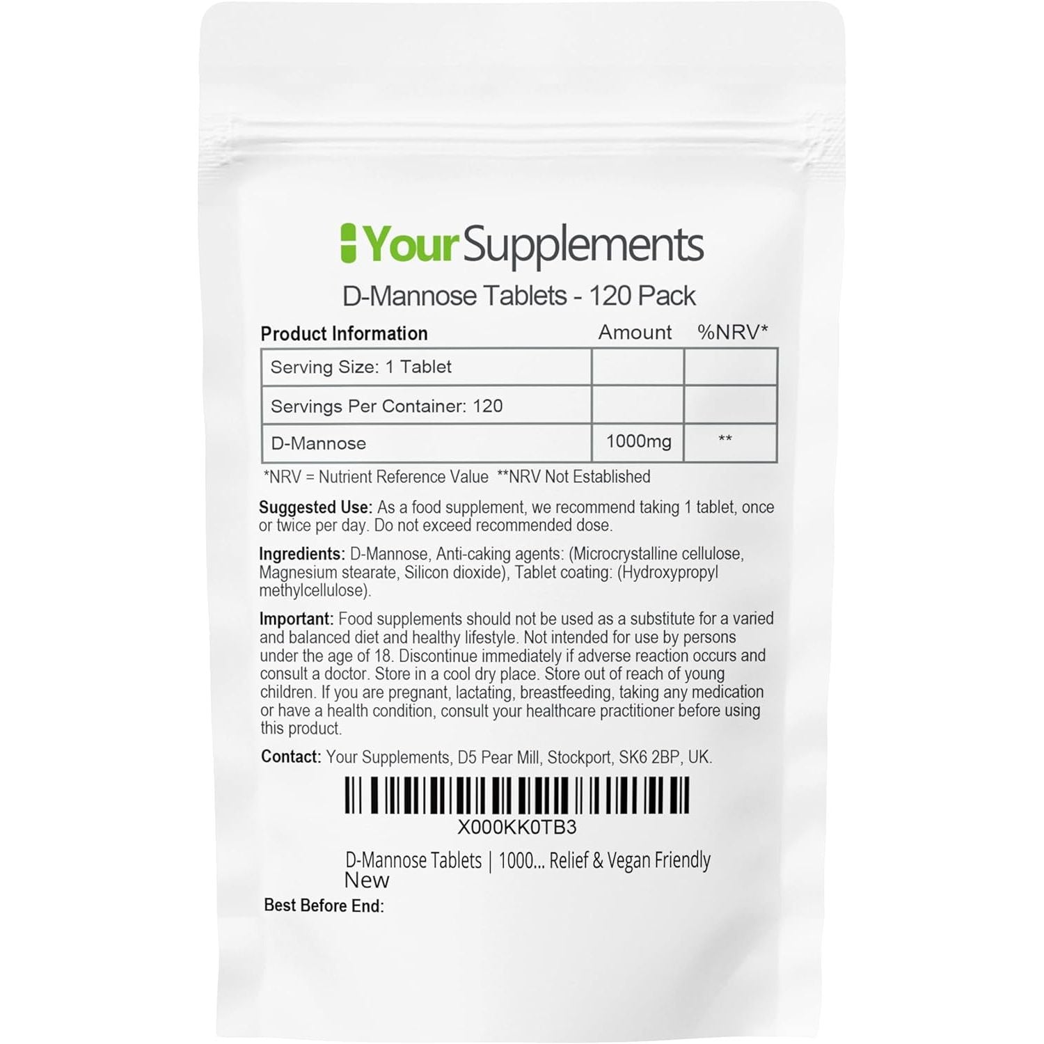 D-Mannose Tablets 1000Mg | Easy Swallow Coated Tablets | 120 Pack | High Strength | Natural Relief & Vegan Friendly