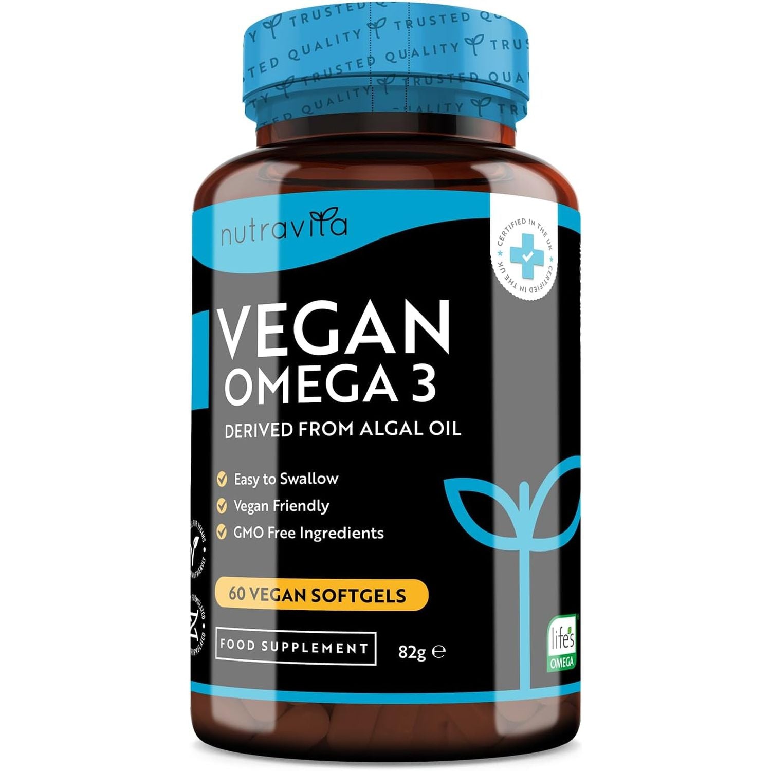 Vegan High Strength Omega 3 2000Mg Soft Gels - 600Mg DHA & 300Mg EPA per Serving - Plant-Based Omega 3 Softgels Derived from Sustainable Algal Oil - 60 Vegan Softgels - Made in the UK by Nutravita