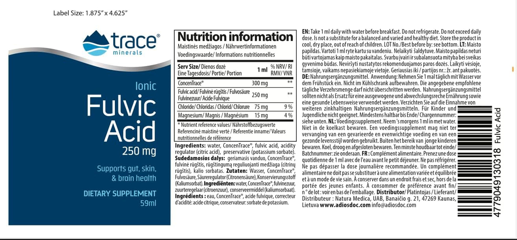 Trace Minerals Fulvic Acid | Liquid Ionic Fulvic Acid | 250 Mg | Intestine, Digestion, Skin, Brain | Mineral Complex 72+ Minerals and Trace Elements, Ph Balance, Muscle Endurance, Hydration