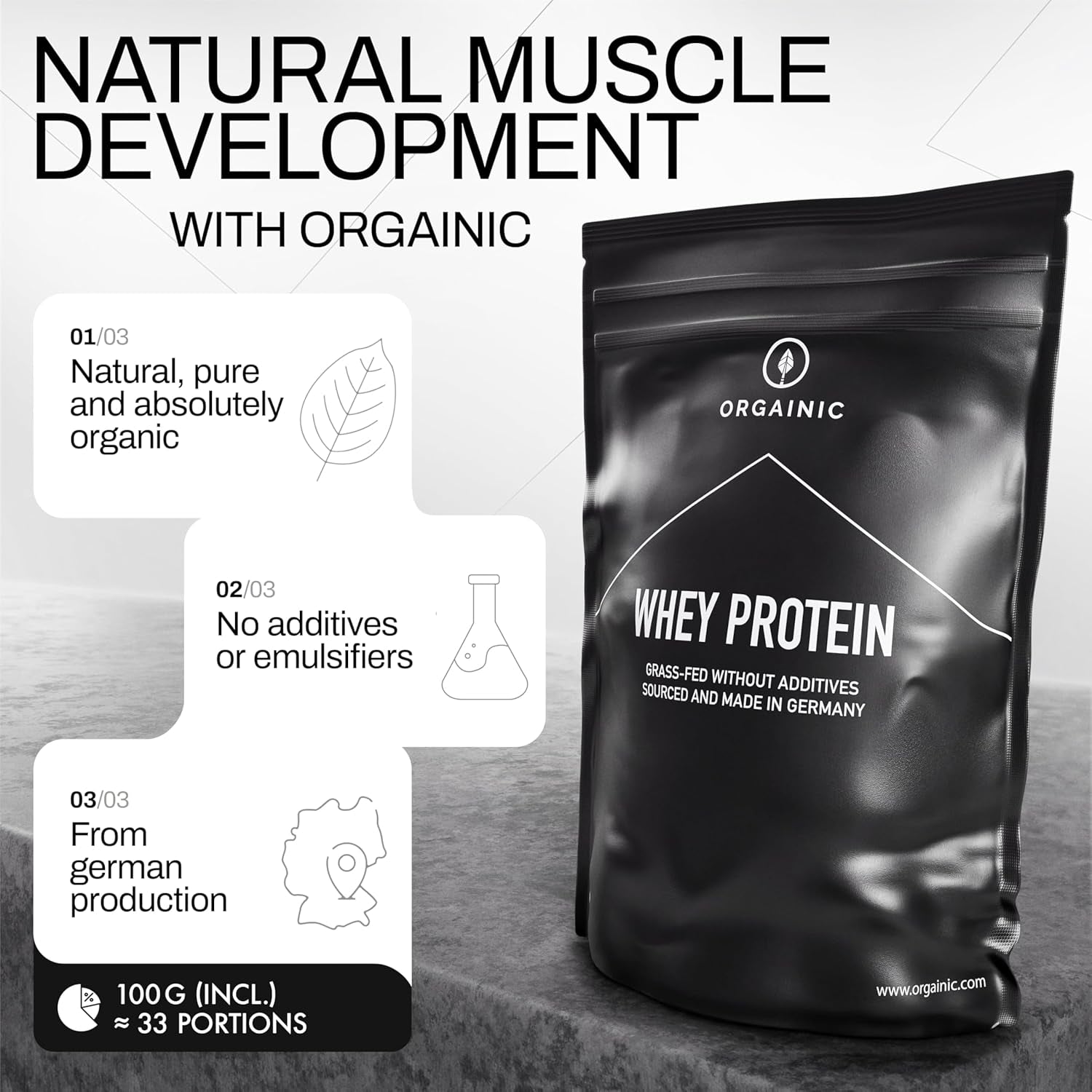 ORGAINIC Organic Vanilla Whey Protein - Organic Certified without Additives - Protein Powder from Germany - Grass Feed - 1000G