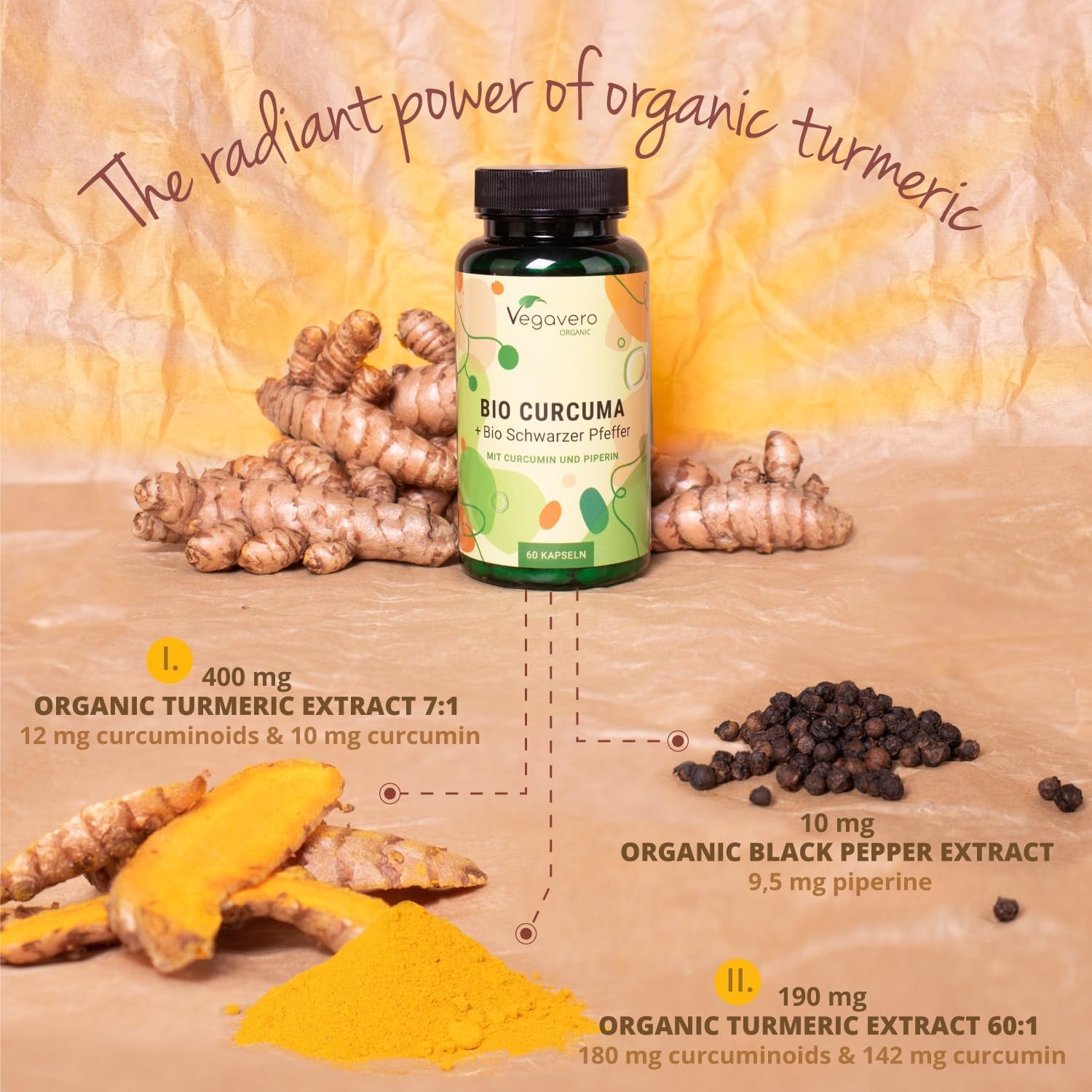 Vegavero Organic 14,200 Mg Turmeric and Black Pepper Capsules High Strength | Curcumin 152 Mg and Piperine 9,5Mg | NO Additives, Lab-Tested