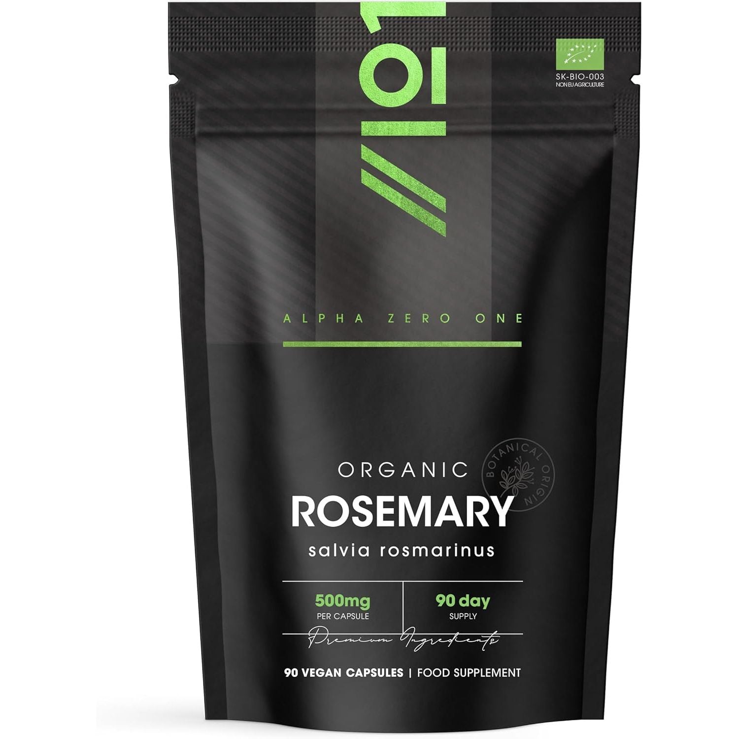 Organic Rosemary 500Mg - 90 Vegan Capsules - High Strength Salvia Rosmarinus Supplement - Resealable and Recyclable Pouch - by Alpha01