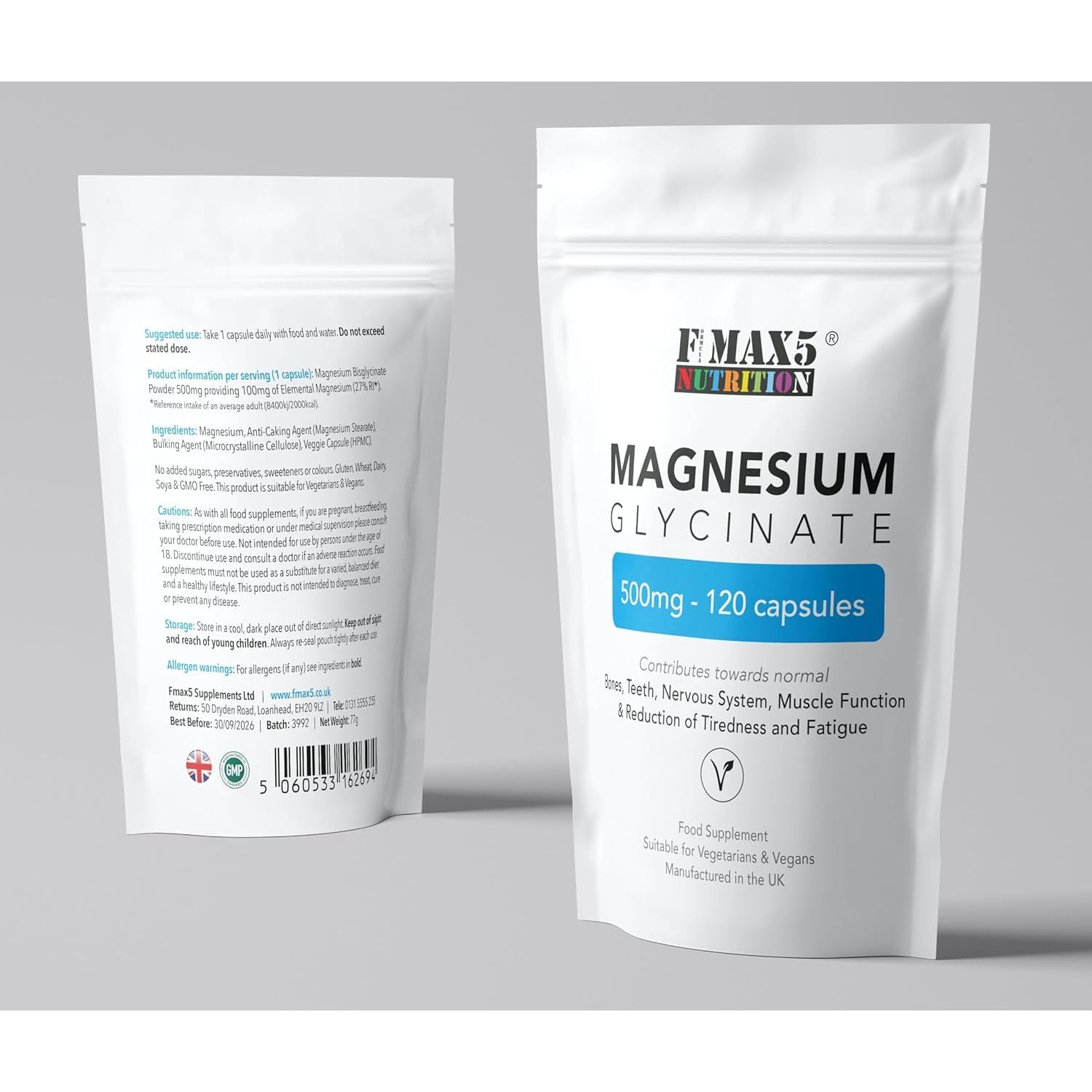 Magnesium Glycinate 500Mg Supplements as Bisglycinate, 120 Vegan Capsules, High Absorption / Bioavailability - 100Mg Elemental, UK Made