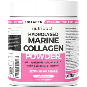 Nutripact Marine Collagen Powder with Hyaluronic Acid, Biotin, Vitamin C & B Vitamins 10,000Mg Hydrolysed Collagen Peptides Types 1 & 3, Unflavoured, Odourless, Highly Bioavailable – 30 Servings, 300G