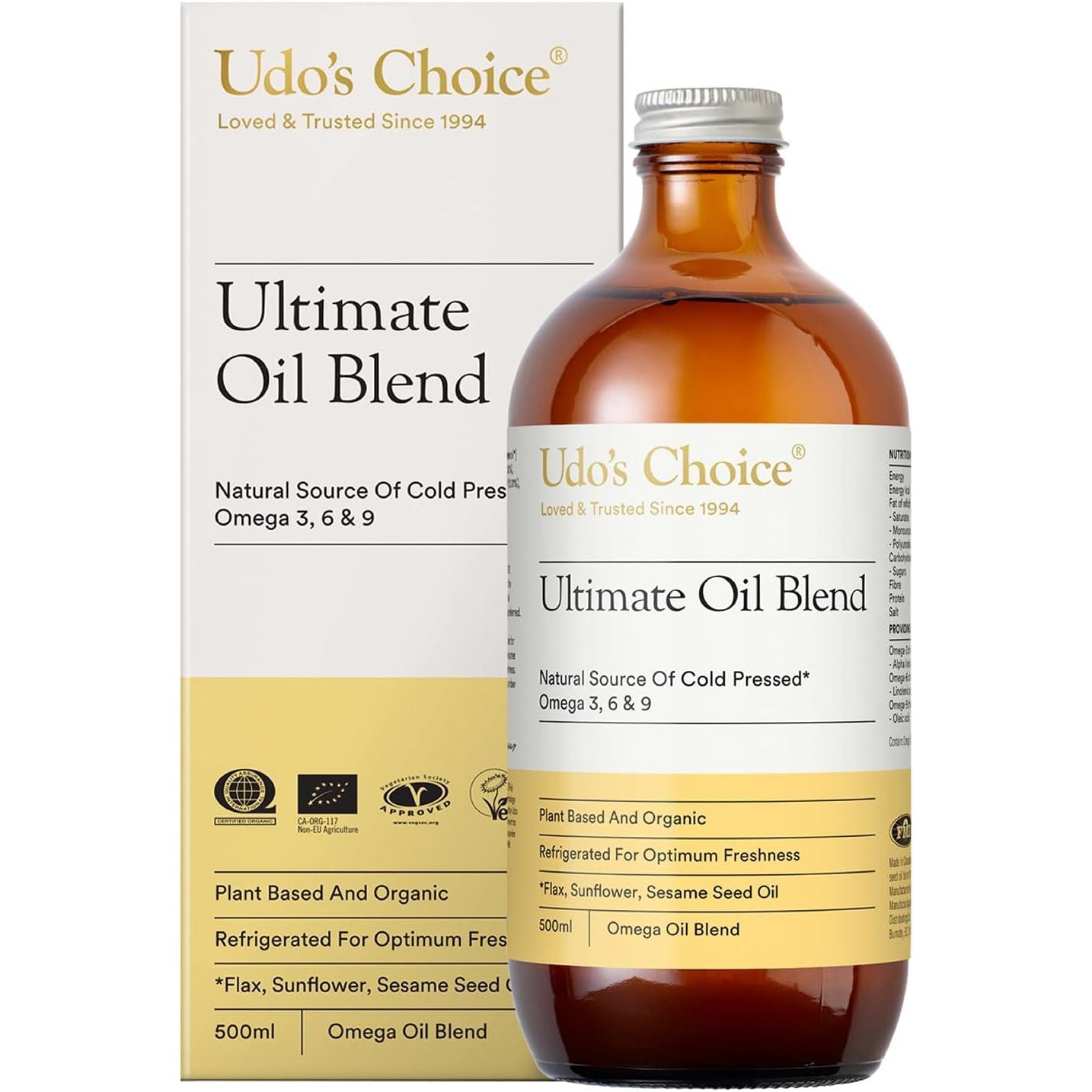 Premium Natural Source of Vegan Omega 3, 6 & 9 – Udo'S Choice Ultimate Oil Blend - Cold Pressed – Plant-Based – Unprocessed – Supports Optimum Health – 500Ml