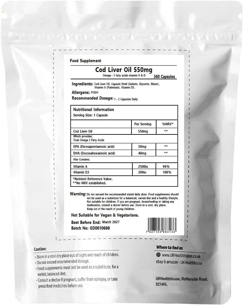 Ukhealthhouse High Strength Cod Liver Oil Vitamin a & D, EPA, DHA Softgels 550Mg (360 Capsules)