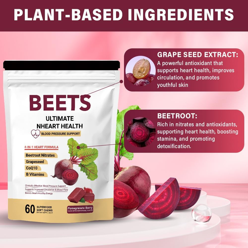 Govixed Beets Ultimate Heart Health Chews for Blood Pressure Support, with Beetroot Powder, Coq10, B Vitamins & Grapeseed, Pomegranate Berry, 60 Soft Chews