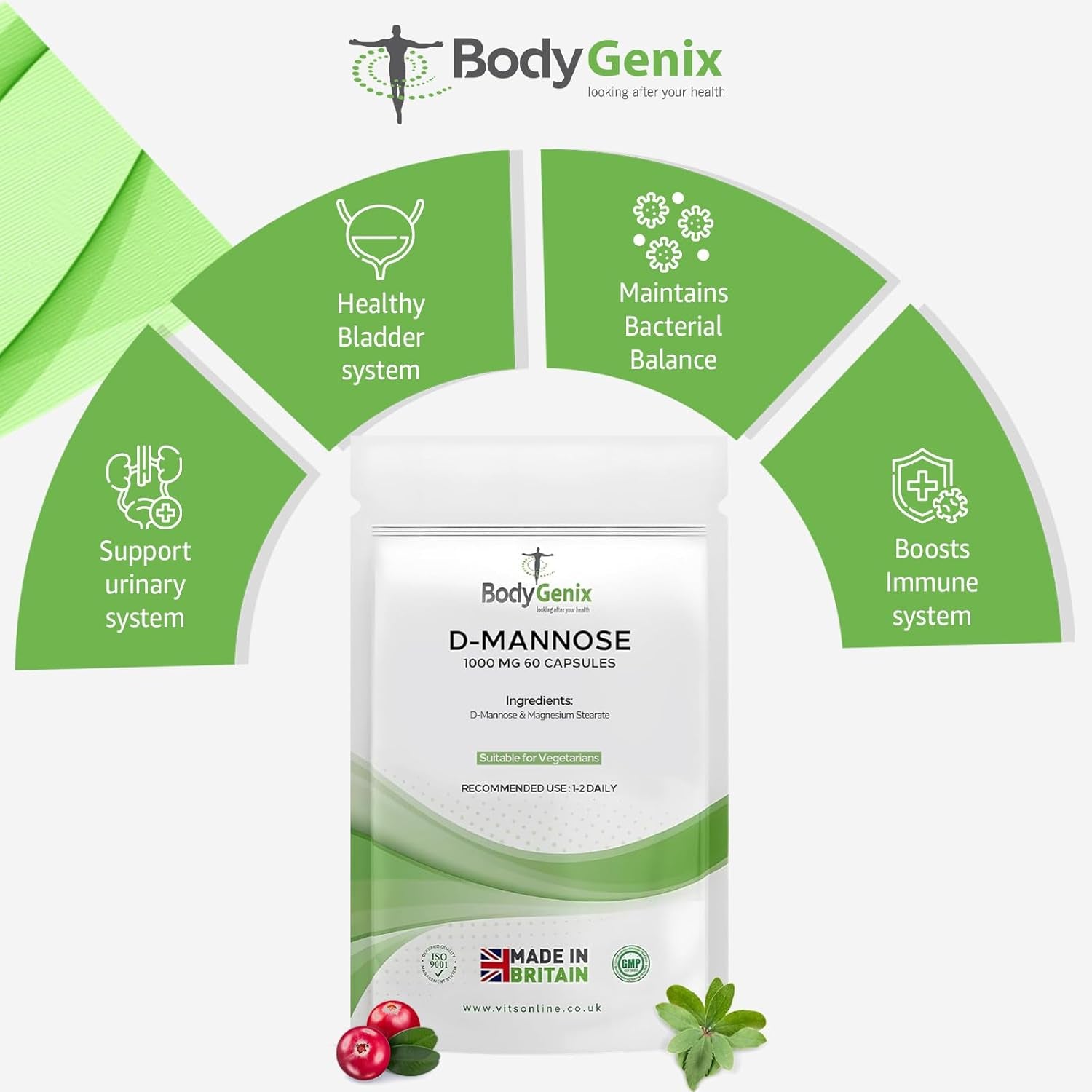 Bodygenix D-Mannose 1000Mg Capsules High Strength UTI Treatment Immune System Support Vegan Food Supplement - 60 Capsules 2 Month Supply