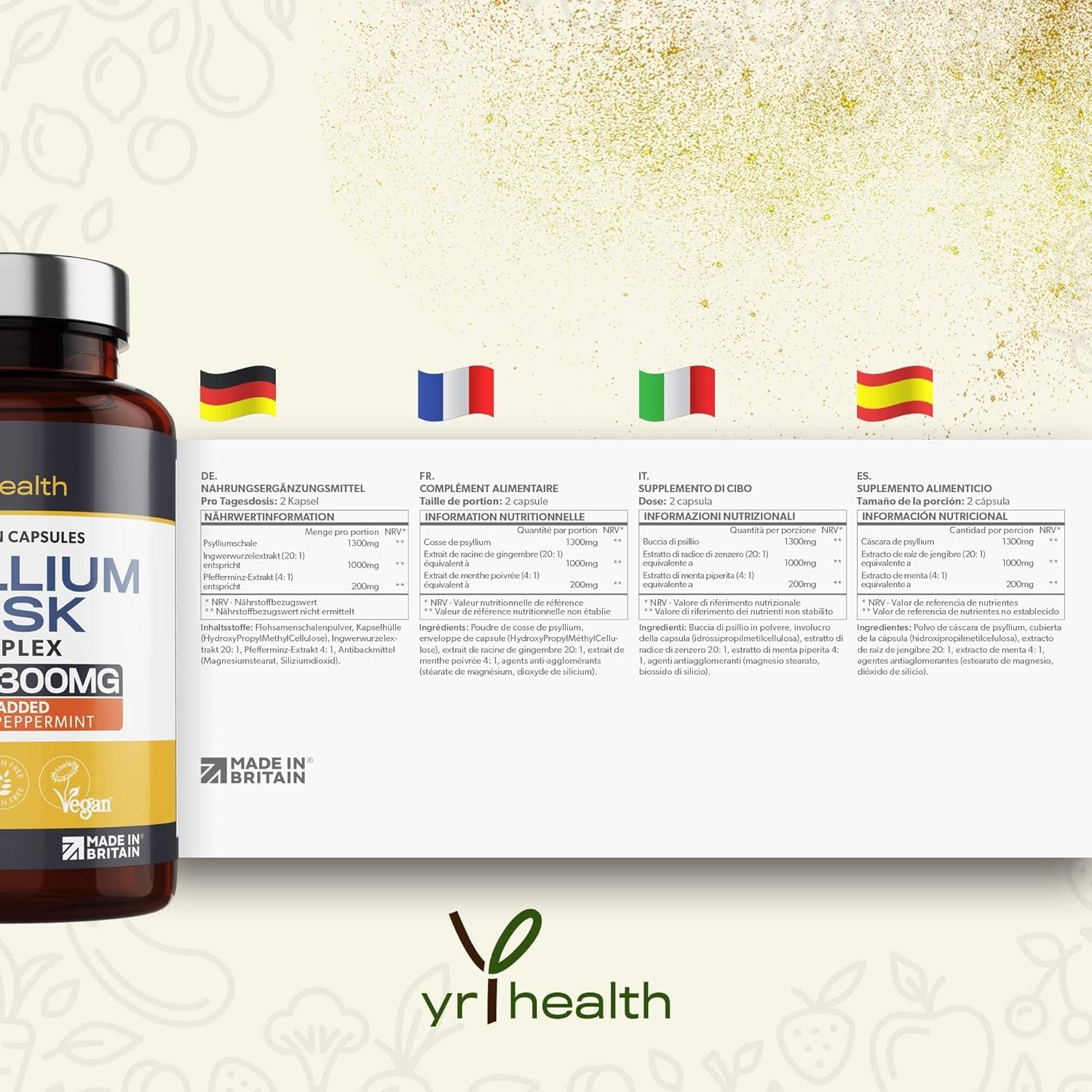 Psyllium Husks Capsules - 1300Mg Fibre Supplement - 180 Vegan Capsules with Added Peppermint & Ginger - 2 Capsules Not Tablets per Serving - Plantago Ovata Plant Seeds - Made in the UK by Yrhealth