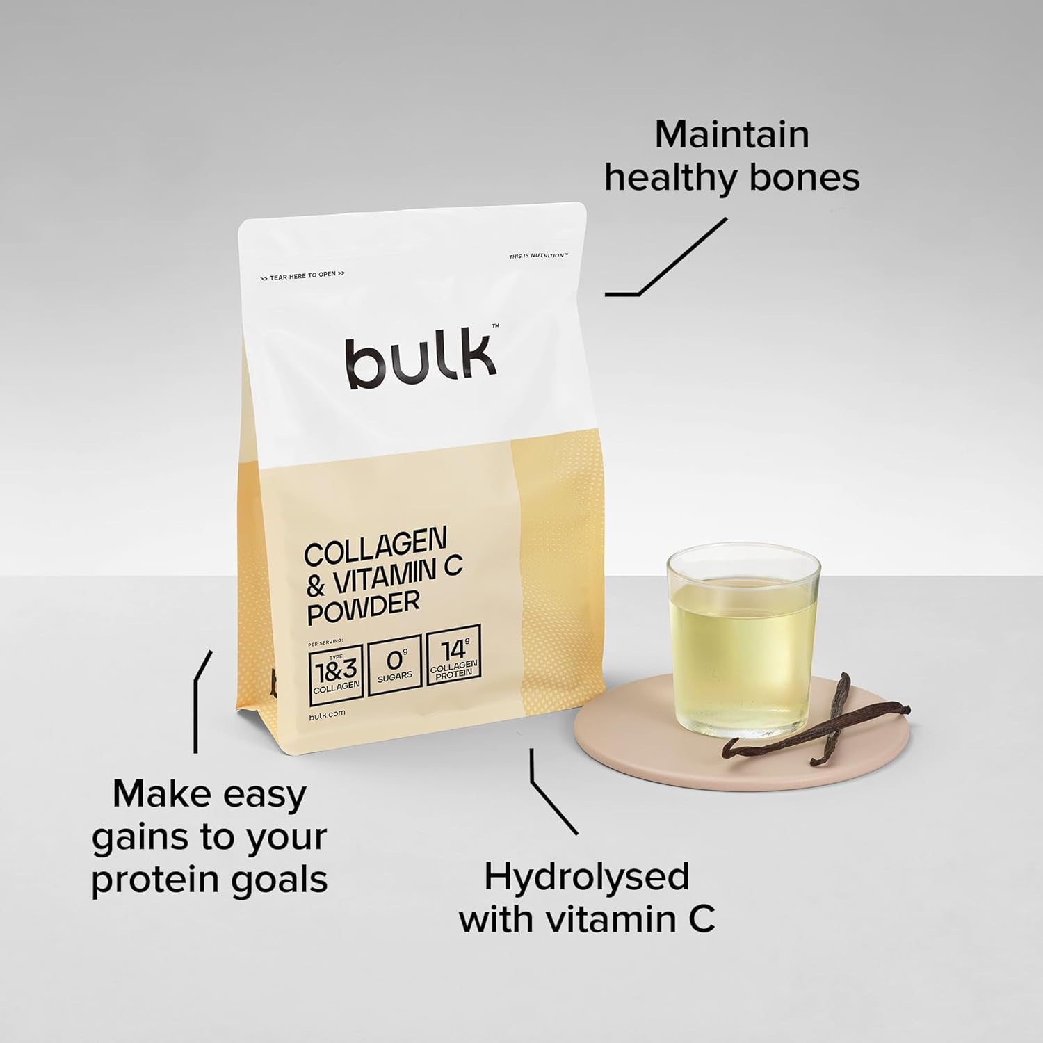 Bulk Collagen Powder with Peptides and Vitamin C, Hydrolysed Bovine Collagen, High Protein Supplement Daily Use in Smoothies, Shakes and Recipes, Joint and Skin Routine, Unflavoured, Easy Mixing 500G