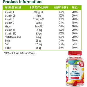 Multivitamin for Kids 120 Natural Strawberry Flavour Gummies - Contains 9 Essential Vitamins and Minerals Including Vitamin C D a & B Vitamins for Childrens