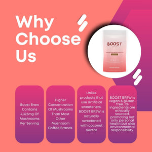 Boost Brew Chocolate Mushroom Coffee Alternative 240G 30 Servings | Lions Mane, Chaga, Ashwagandha, Cordyceps, Maca Root, Bacopa Monnieri, Chocolate Flavoured Mushroom & Adaptogen Vegan Powder Drink