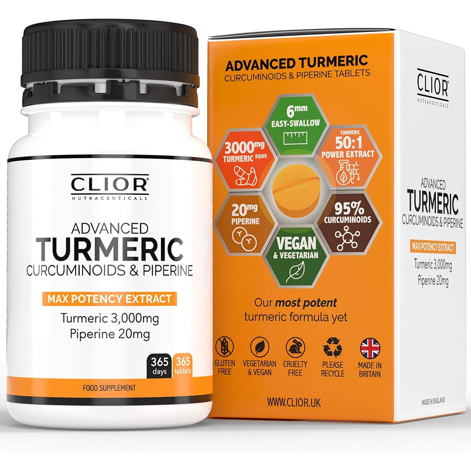 Turmeric Curcumin 3,000Mg with Black Pepper X 365 Vegan Tablets High Strength | 1 Year Supply | 95% Curcumins + 20Mg Piperine | Tiny Easy-To-Swallow Supplements by Clior (Cambridge Labs)