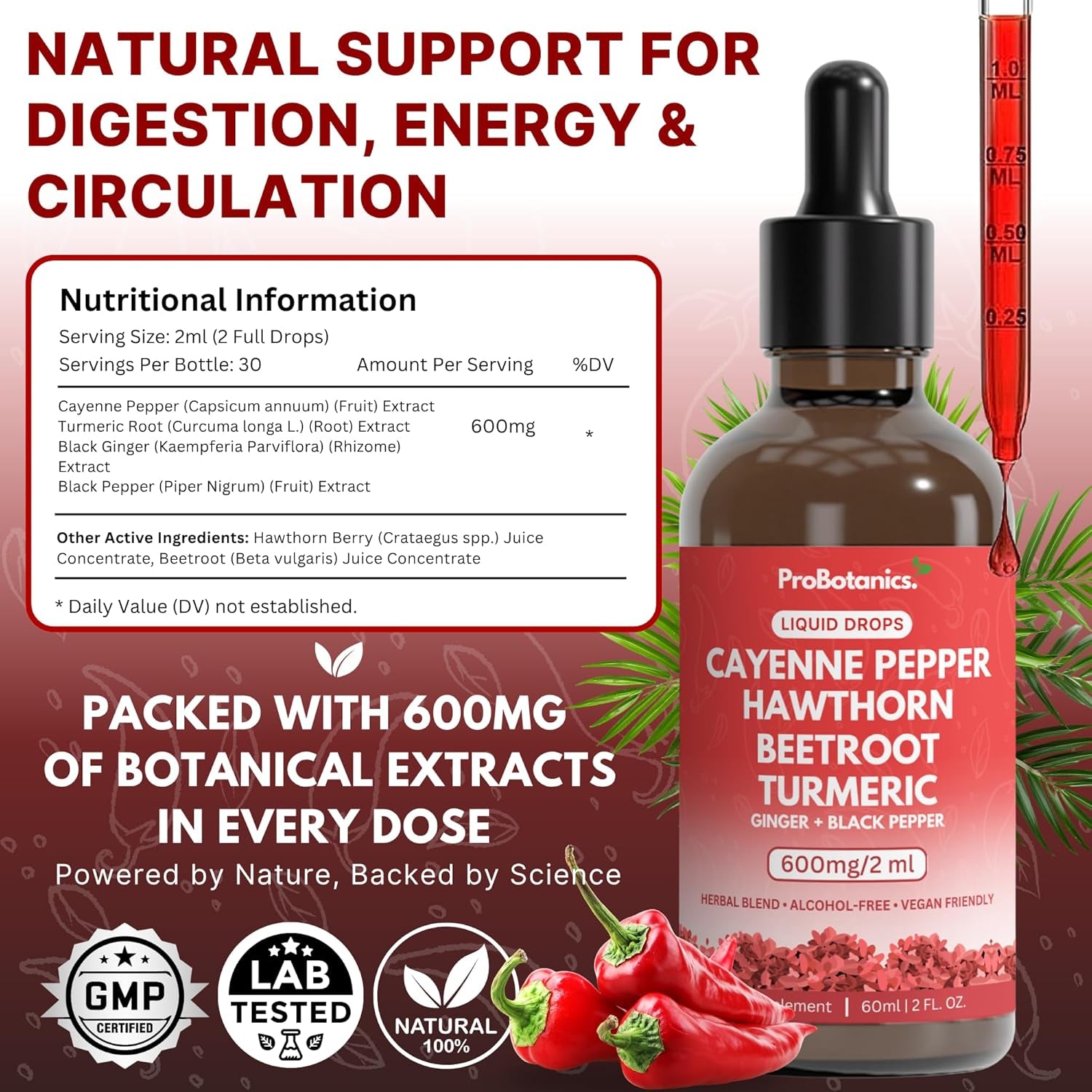 Probotanics Cayenne Pepper Drops Liquid Extract Supplement | Hawthorn Berry, Turmeric Curcumin, Beet Root, Ginger, Black Pepper for Circulation, Energy and Digestive Health | Alcohol-Free - 60Ml