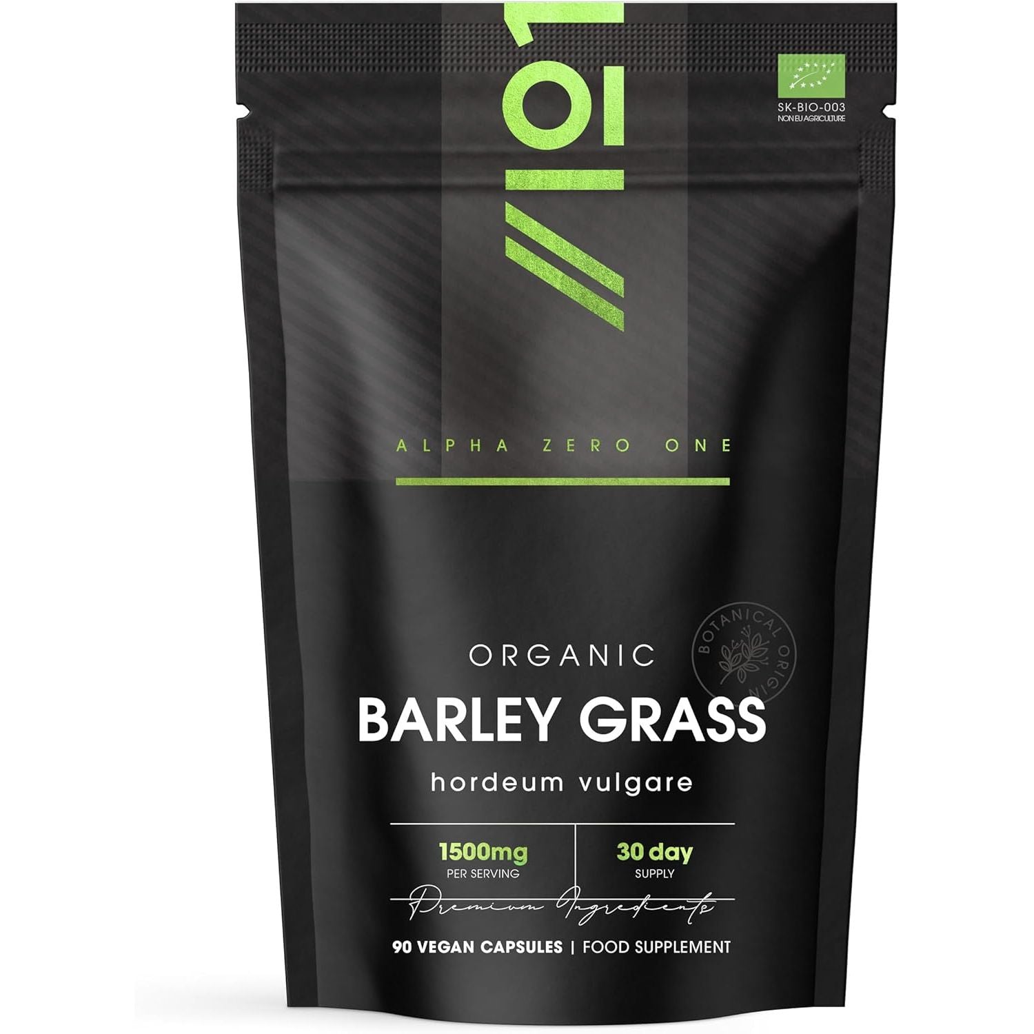 Organic Barley Grass 1500Mg – 90 Vegan Capsules – Rich in Amino Acids – High Strength Hordeum Vulgare Supplement – Resealable and Recyclable Pouch – by Alpha01