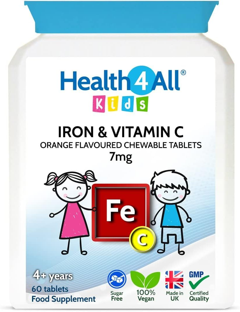 Health4All Kids Iron 60 Chewable Tablets 2 Months Supply, Vegan Sugar-Free Iron Supplement for Children 4+ Supports Learning, Growth & Immune System, Natural Orange Flavour, Made in UK (Not Gummies)