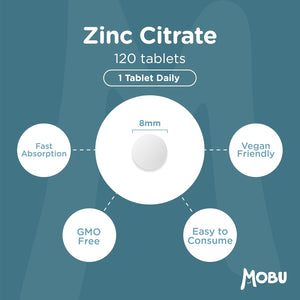 Zinc 100Mg 120 Tablets Max Strength | Immune Function, Fertility & Healthy Bones, Vision, Hair, Nails and Skin | Zinc Citrate Supplement | Vegan UK Made | GMP Approved | MOBU